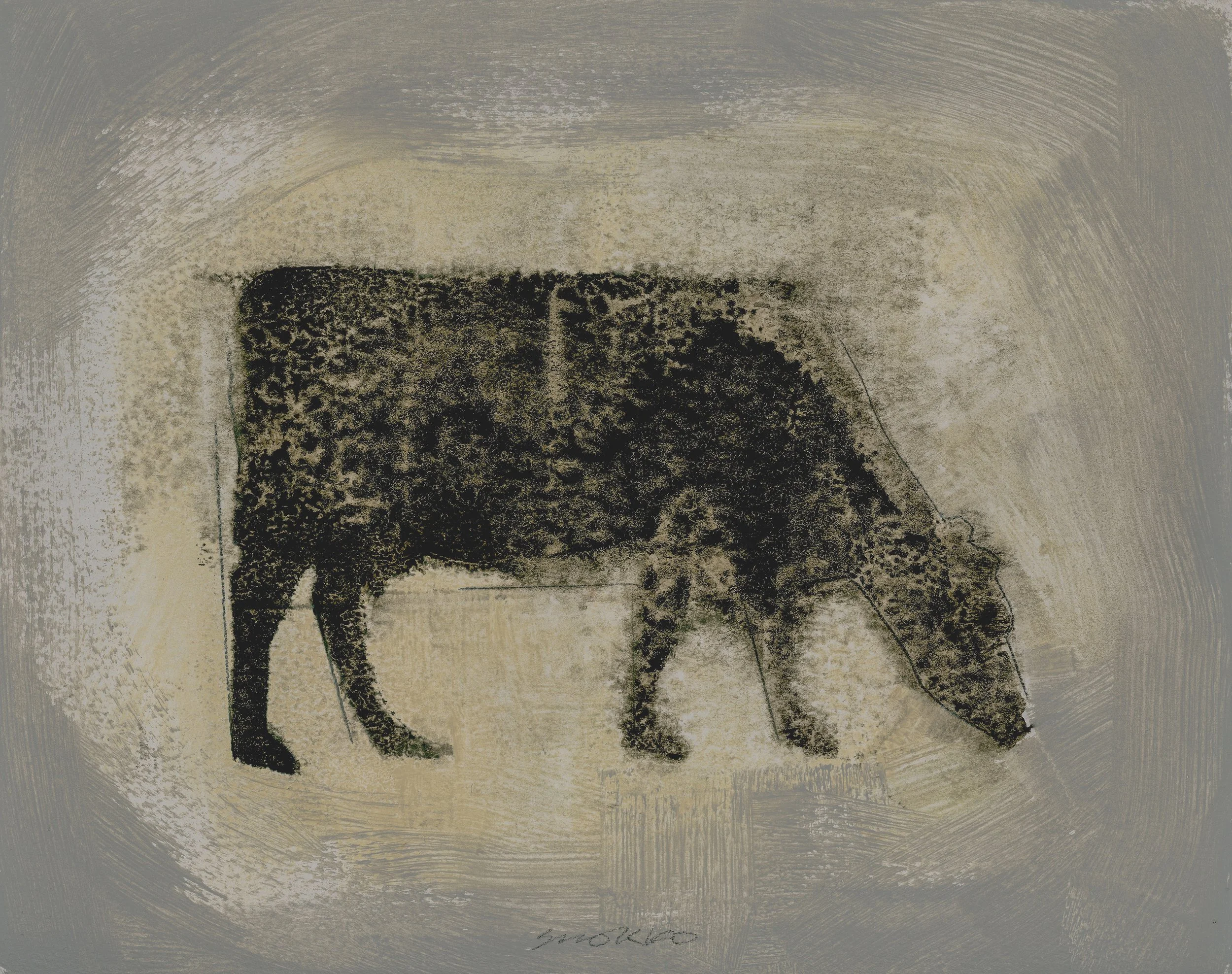 Black cow in profile against a pale muted background, oil on paper.