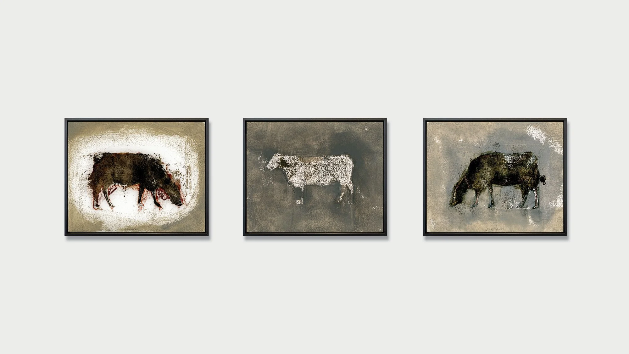 Three framed painting from the Angus series, oil on paper, by Glenn Suokko.