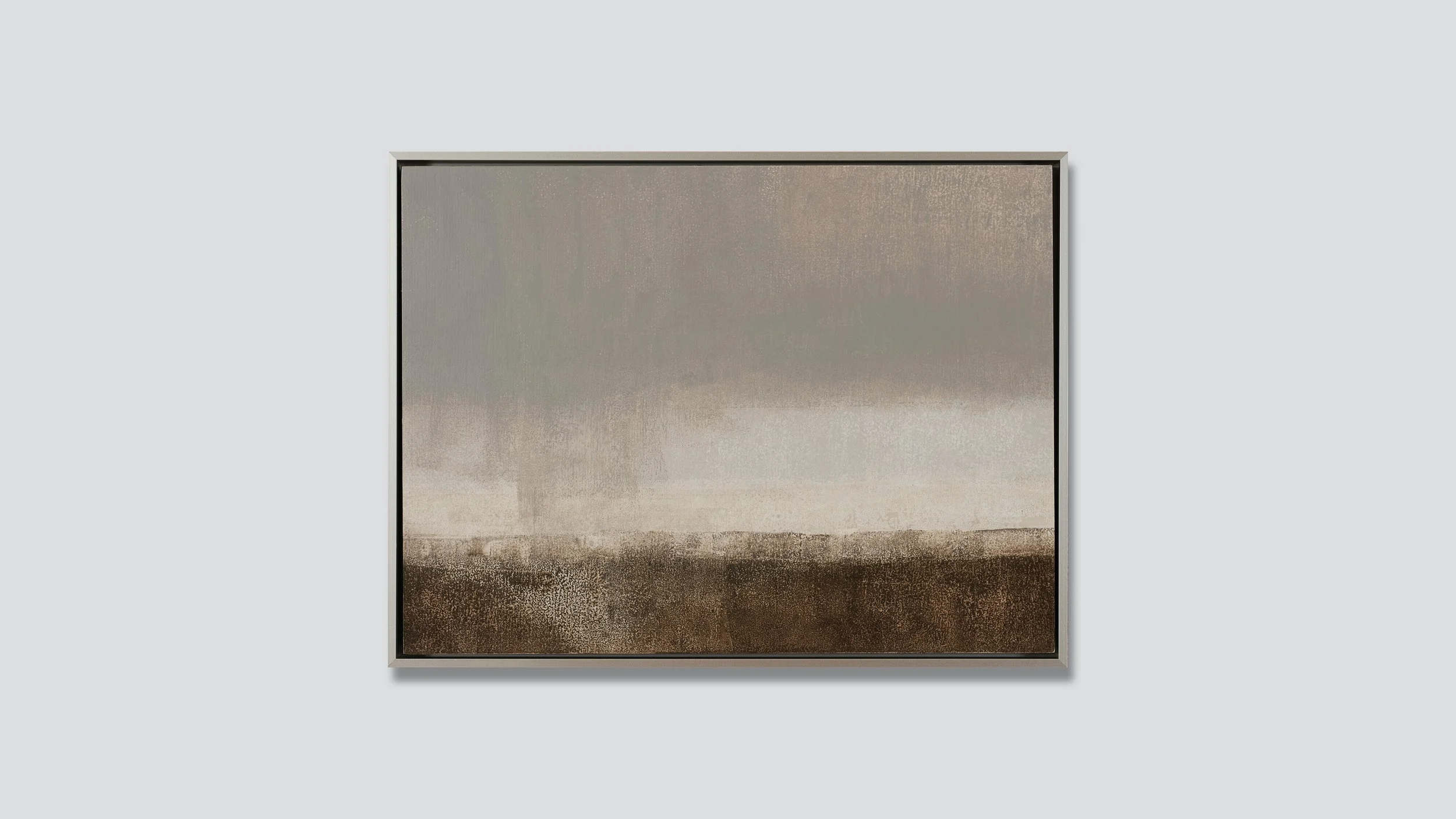 Framed landscape in muted colors with rainstorm, oil on wood.