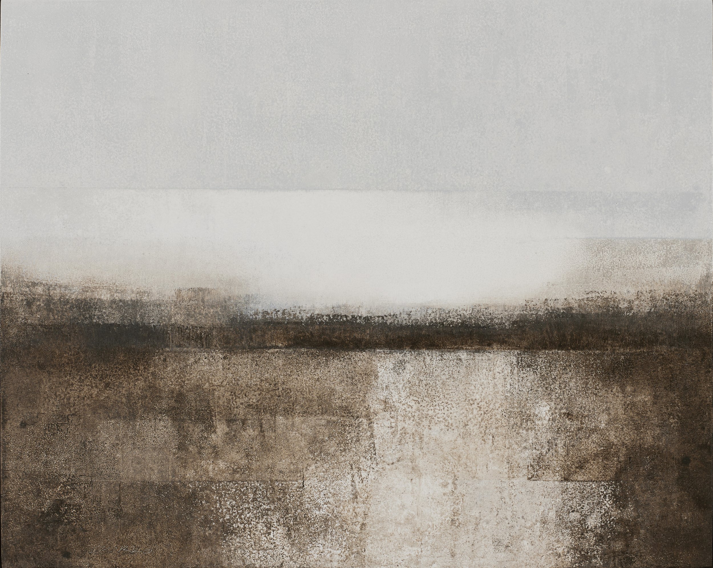 Landscape in gray and raw umber, oil on wood.