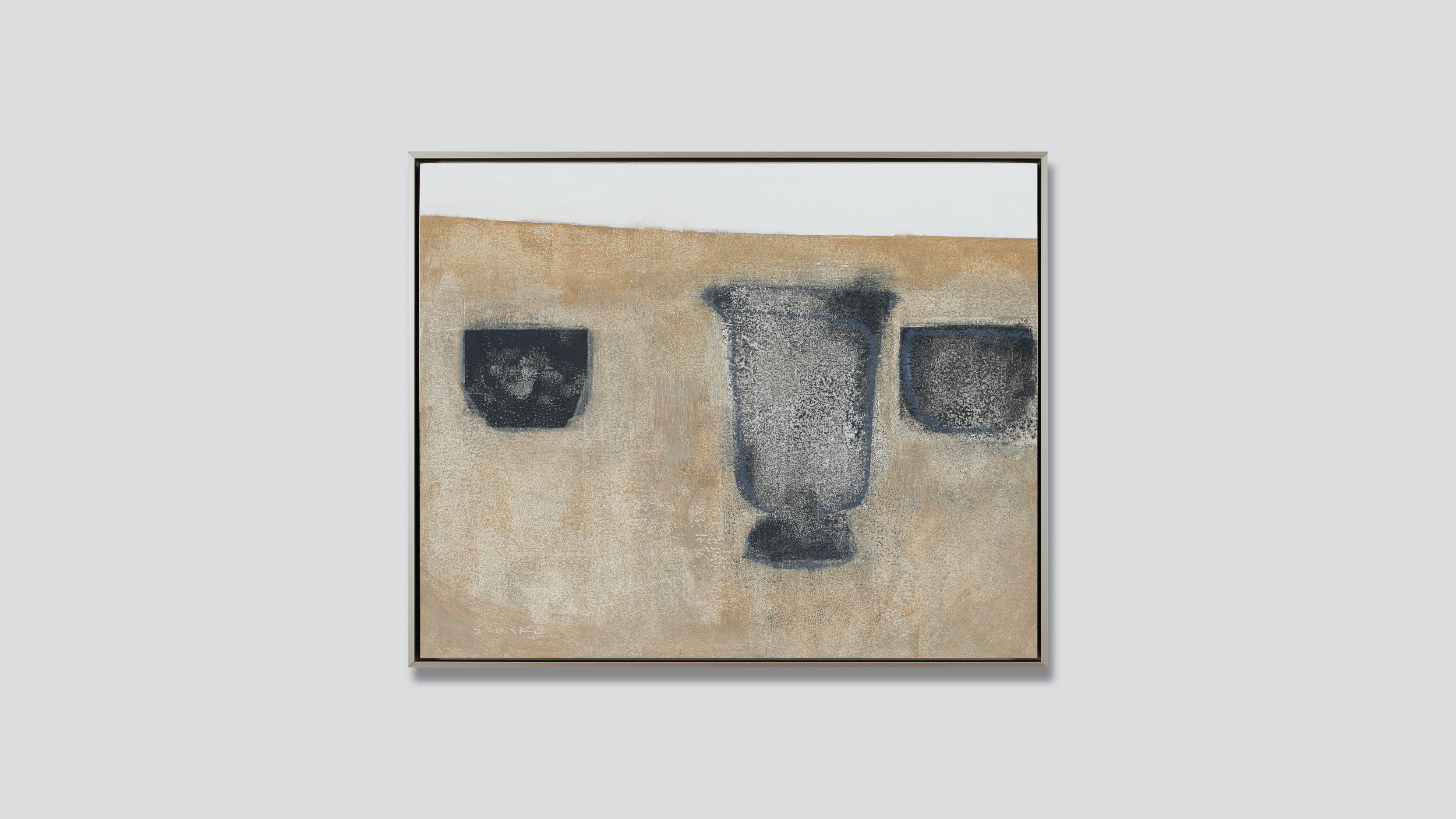Framed painting of an abstract still life, three vessels on a table.