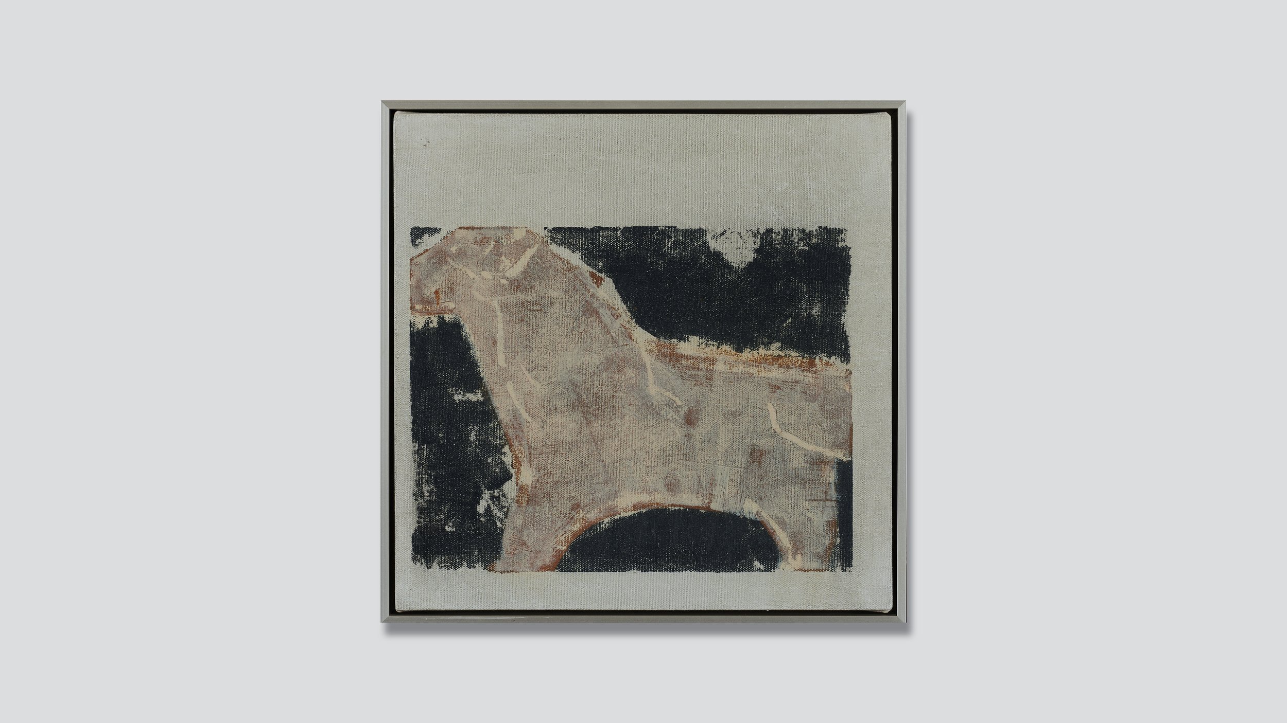 Framed painting of an ancient animal figure, oil on canvas on wood panel.
