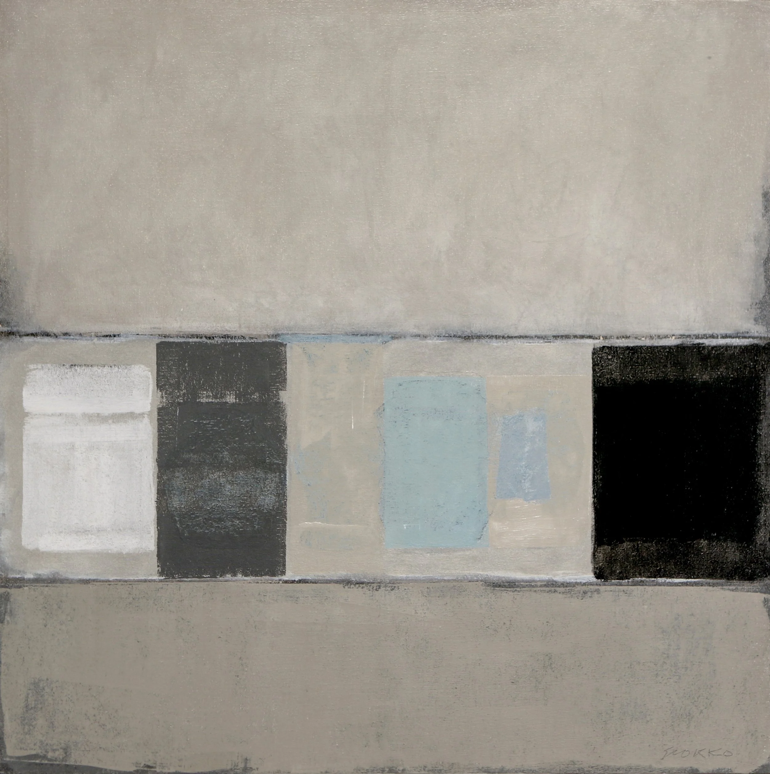 Composition with abstract still life objects on a table.