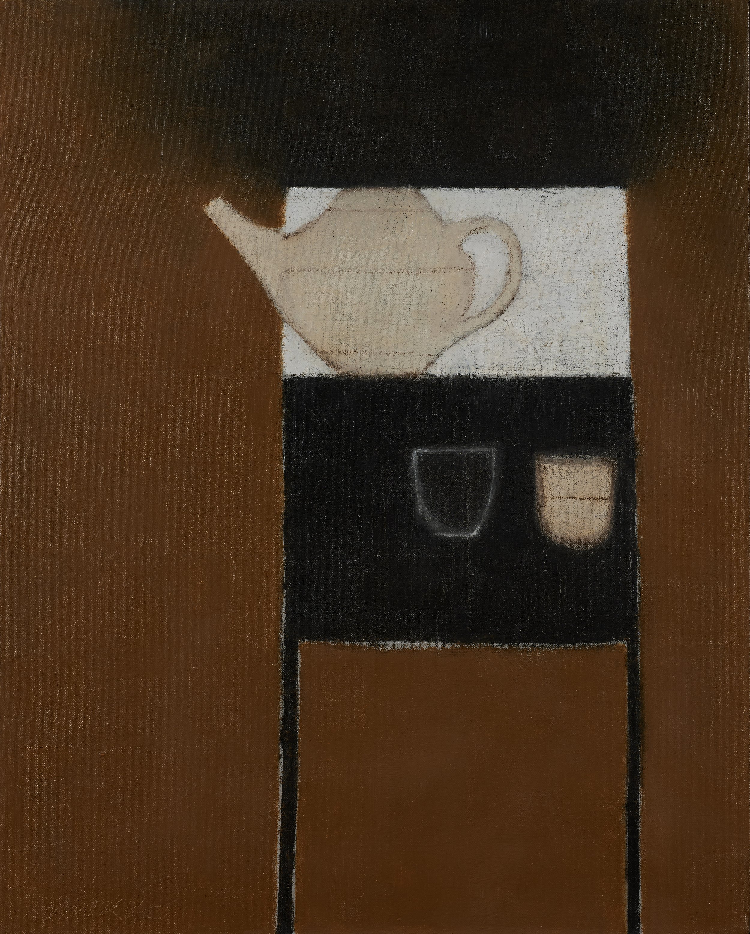 Composition with teapot and two cups on a table.