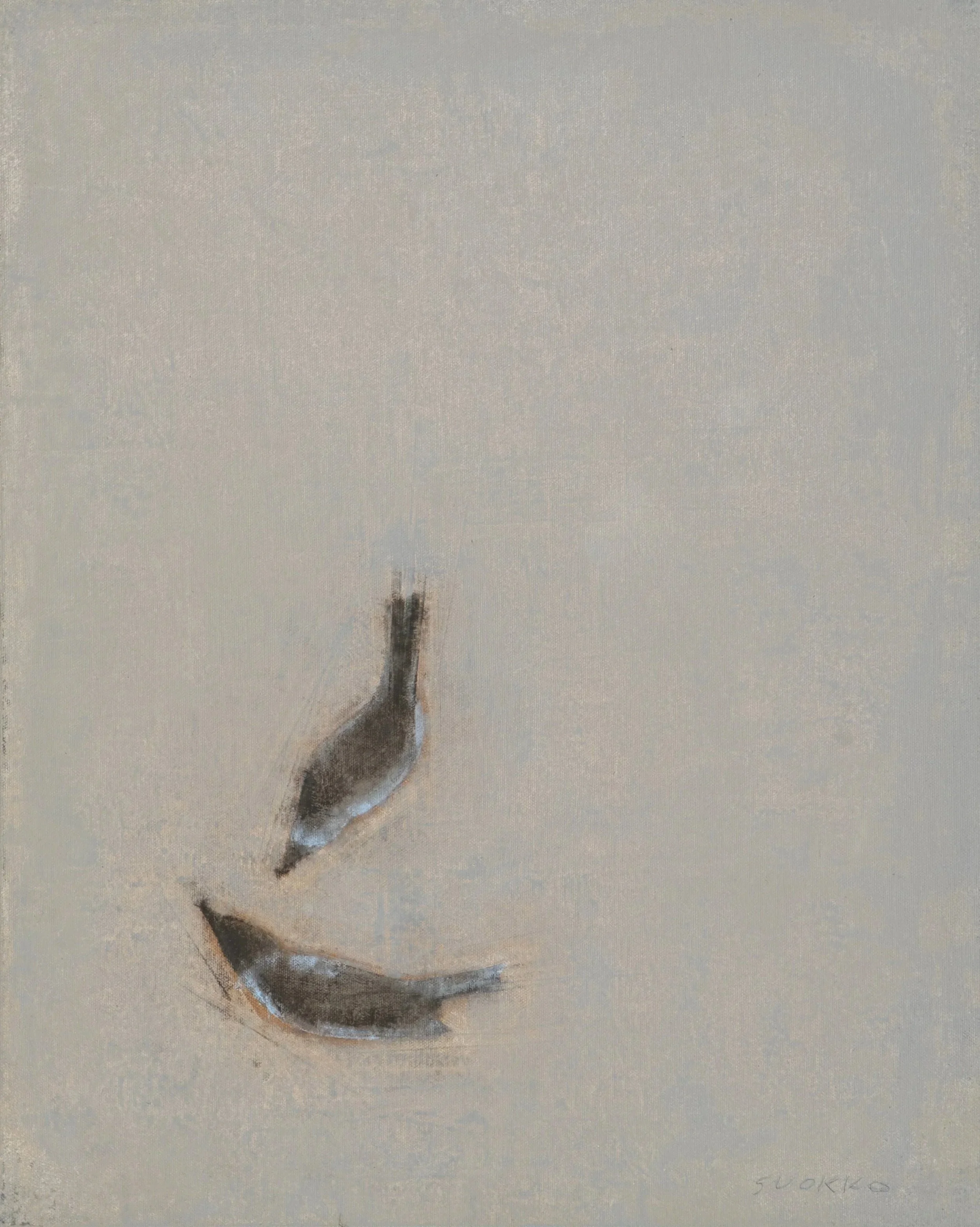 Oil painting of two small birds floating on a neutral gray space.