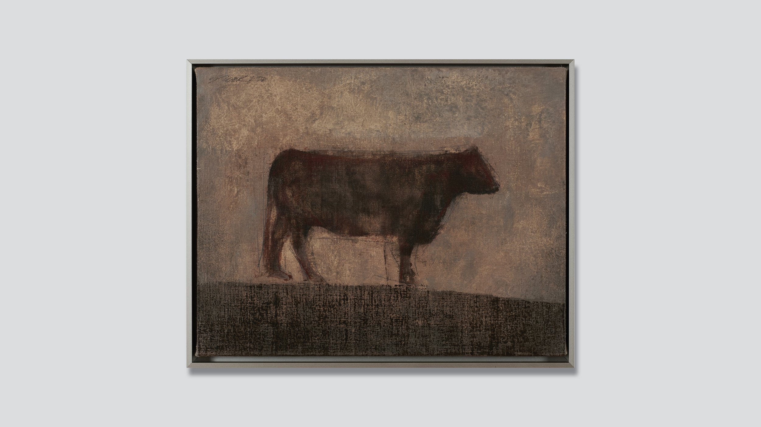 Framed oil painting of a cow in profile.