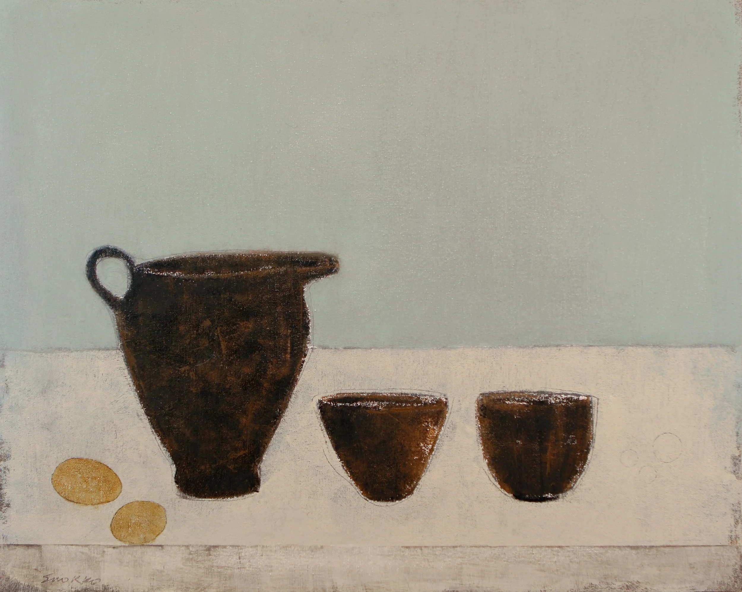 Still life with pitcher and cups, oil on canvas.