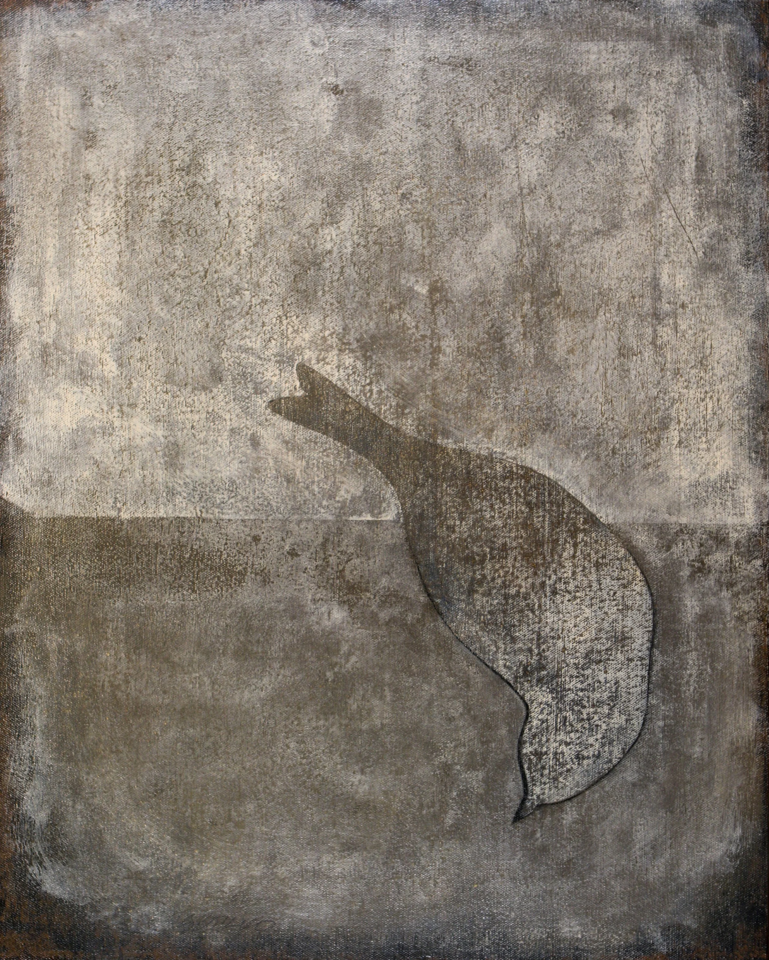 Oil painting of a bird rendered in neutral washes of gray.