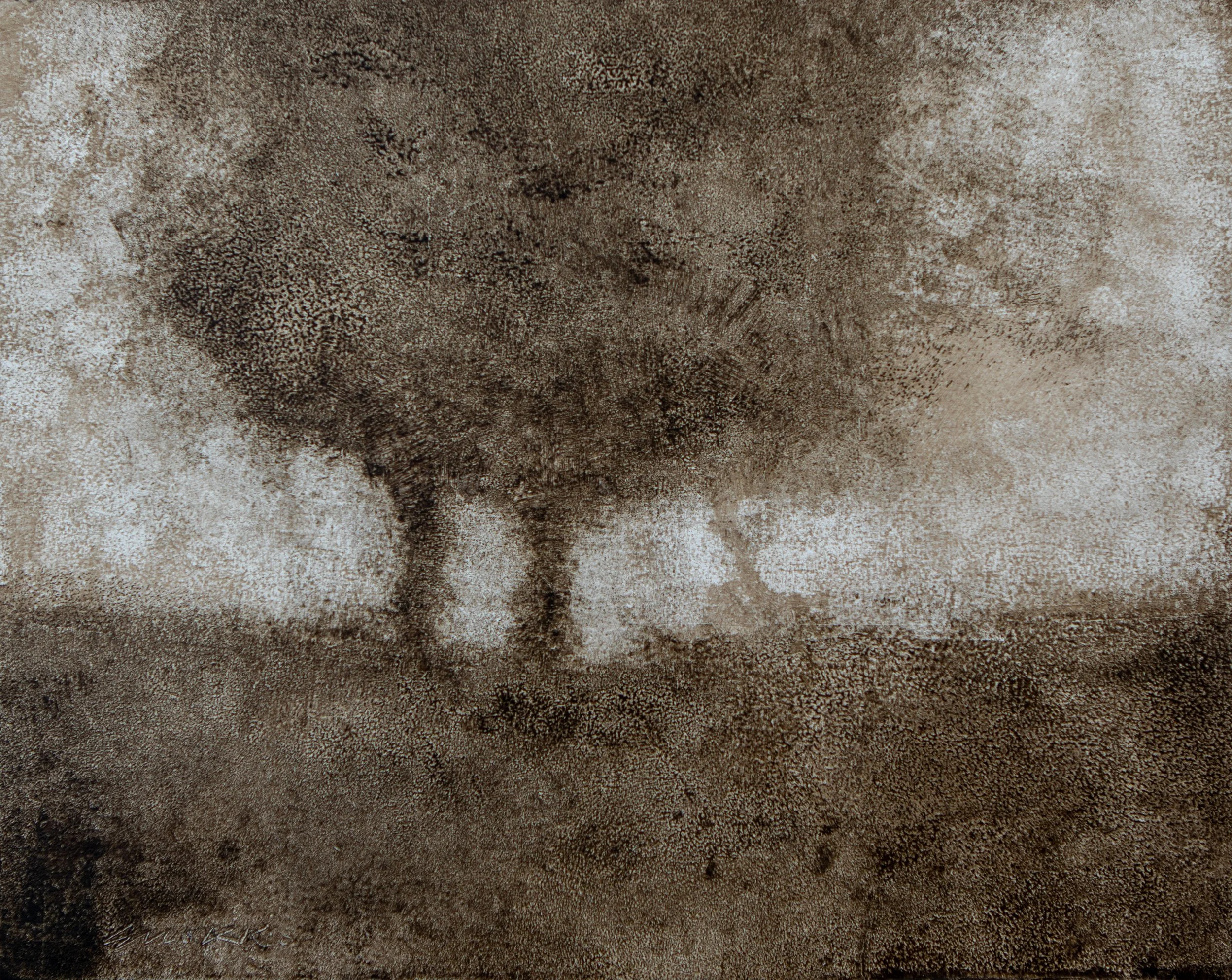 Atmospheric Vermont landscape with two trees by Glenn Suokko, featuring soft tonal transitions and textured wood grain visible through raw umber oil paint.
