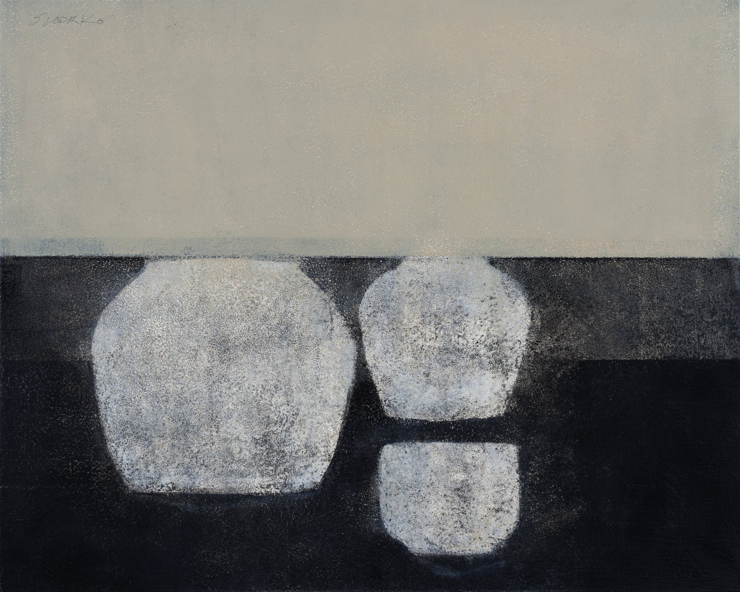 Abstract still life with three white vessels.