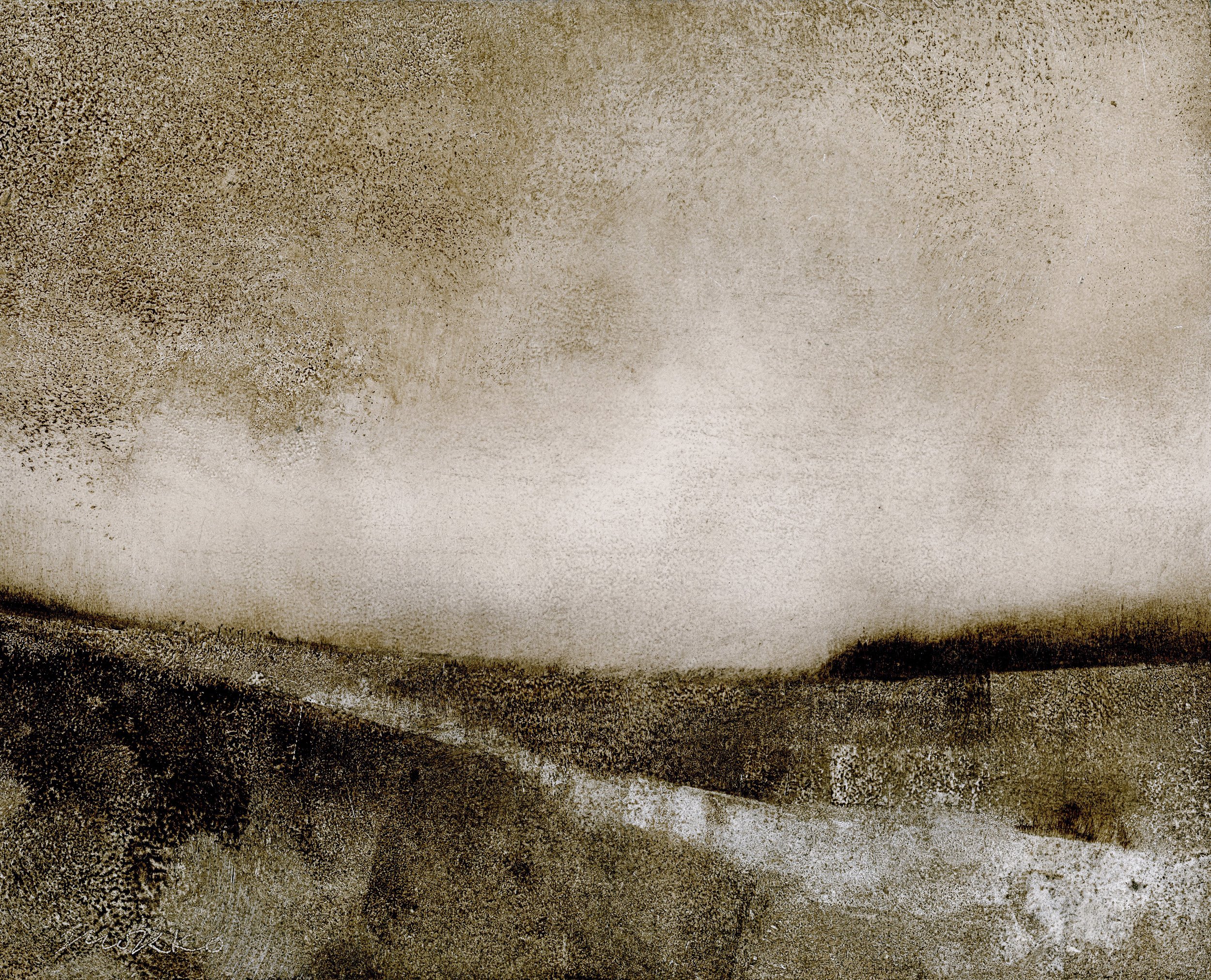 Monochrome landscape painted in raw umber.