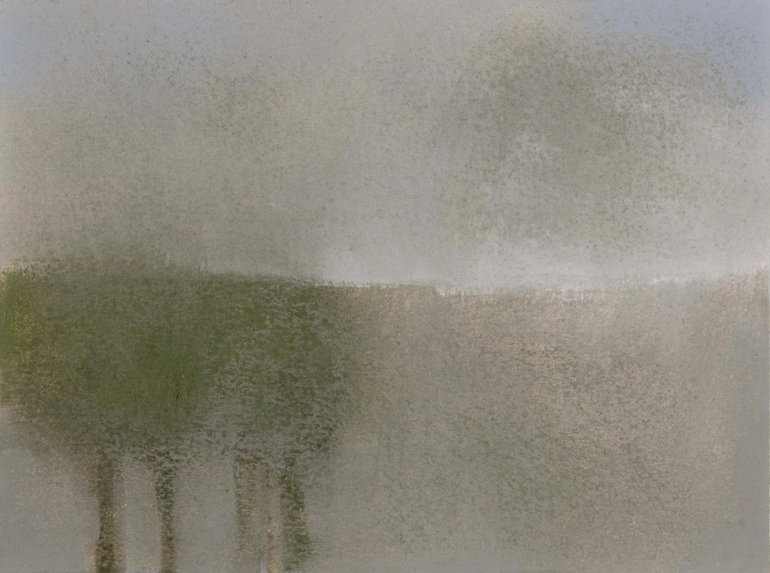 Mutes landscape with trees in the foreground, oil on paper.