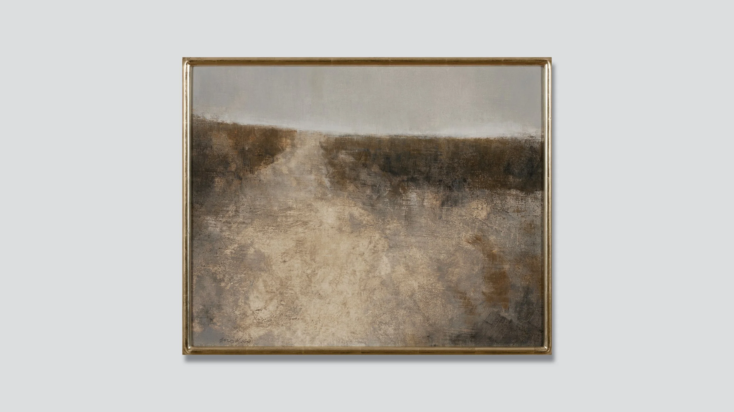 Framed landscape painting of a hillside and sky.