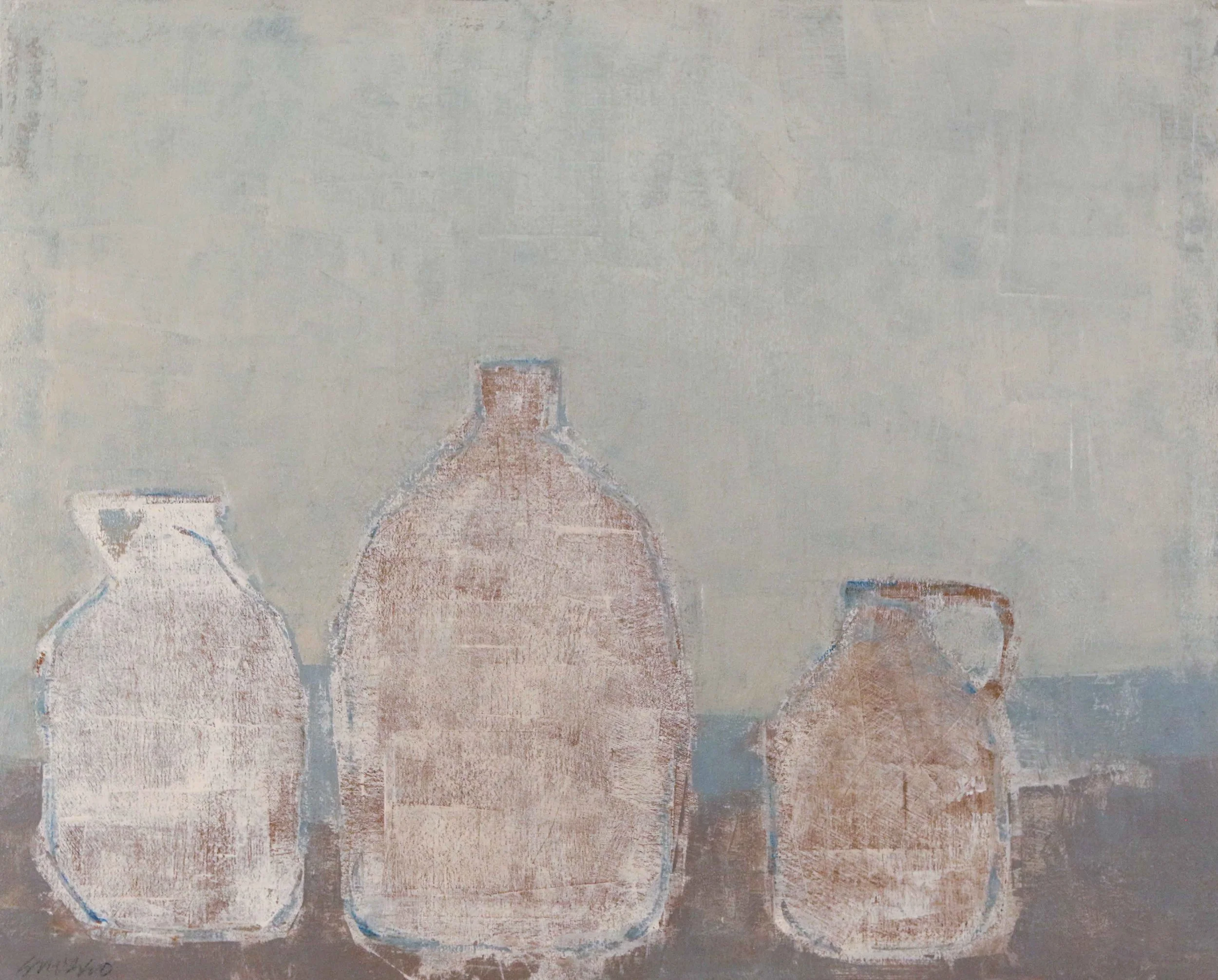 Still life with three jugs, painted in pastel colors on canvas.