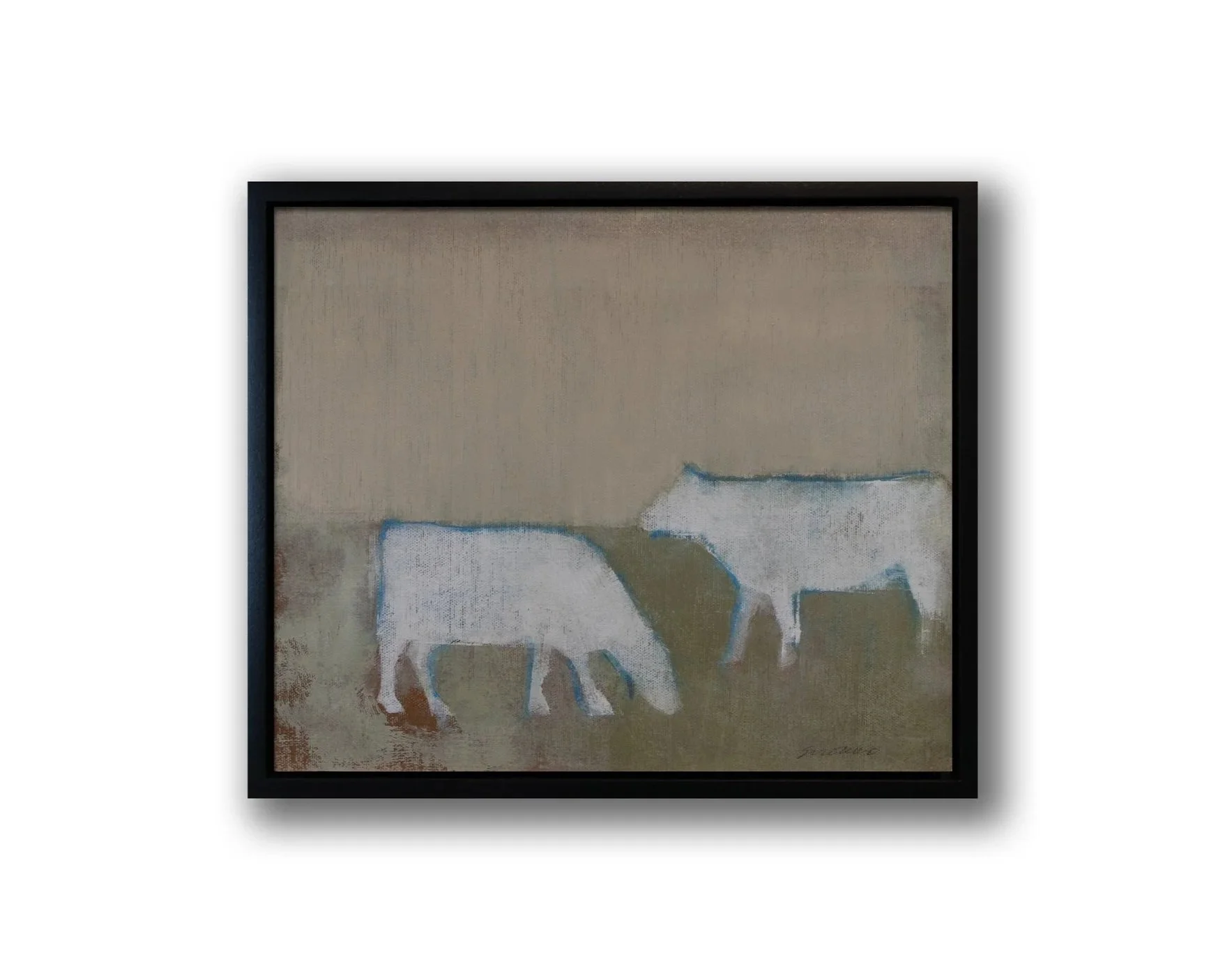 Two white cows outlined in blue, oil on linen.