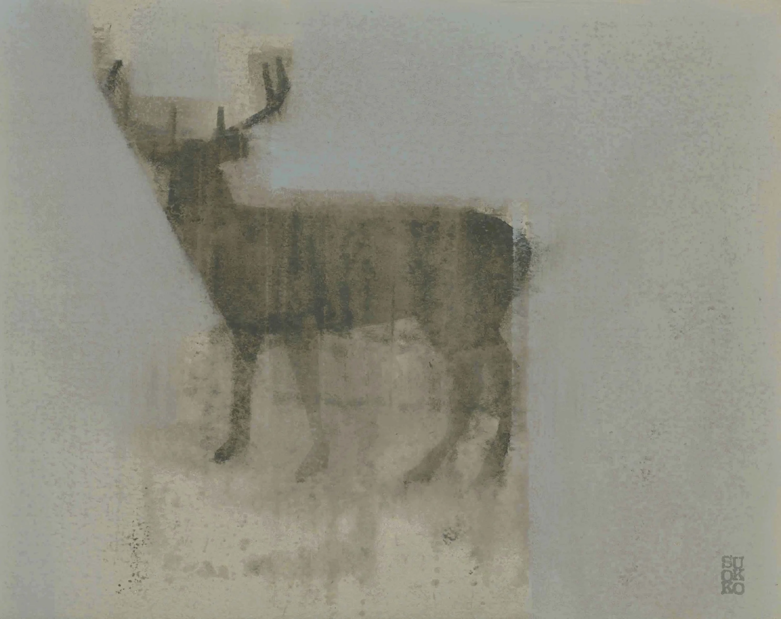 Standing deer with antlers, oil on paper by Glenn Suokko.