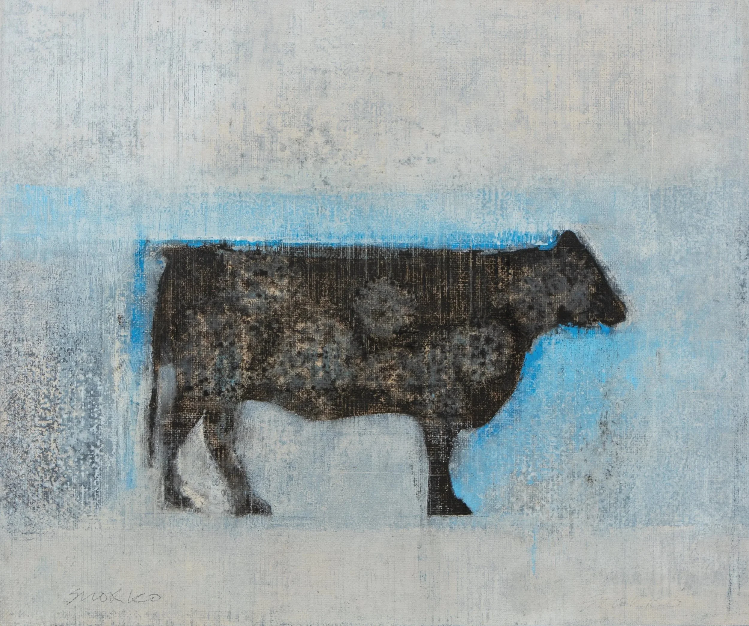 Modern art painting of a buffalo with a textured background in shades of blue, black, and white.