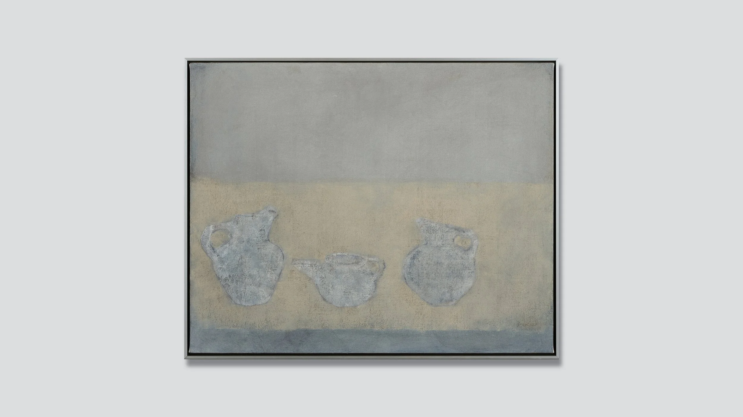 Framed painting, still life with ancient vessels, oil on canvas by Glenn Suokko.