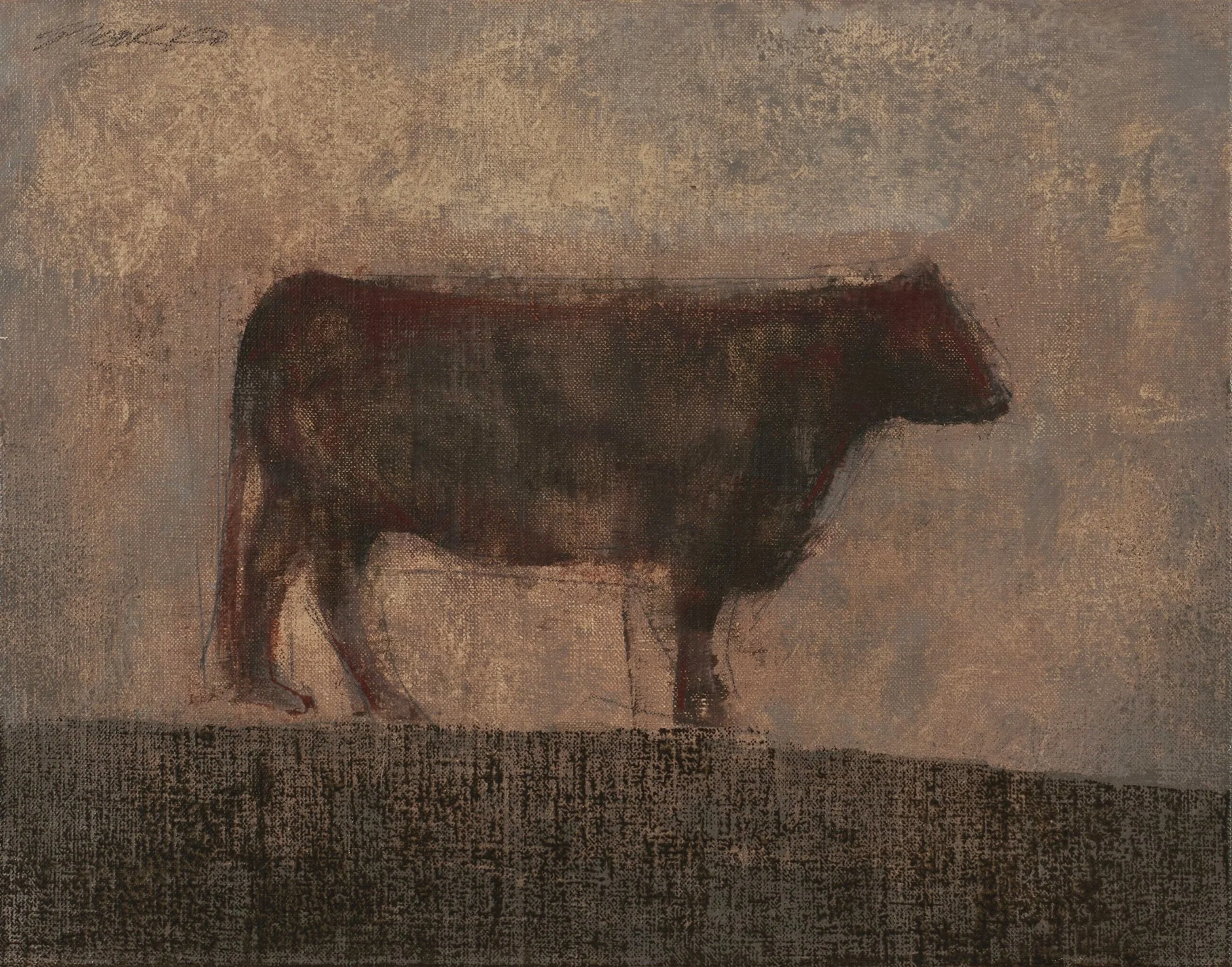 Standing cow, outline in red, oil on canvas.