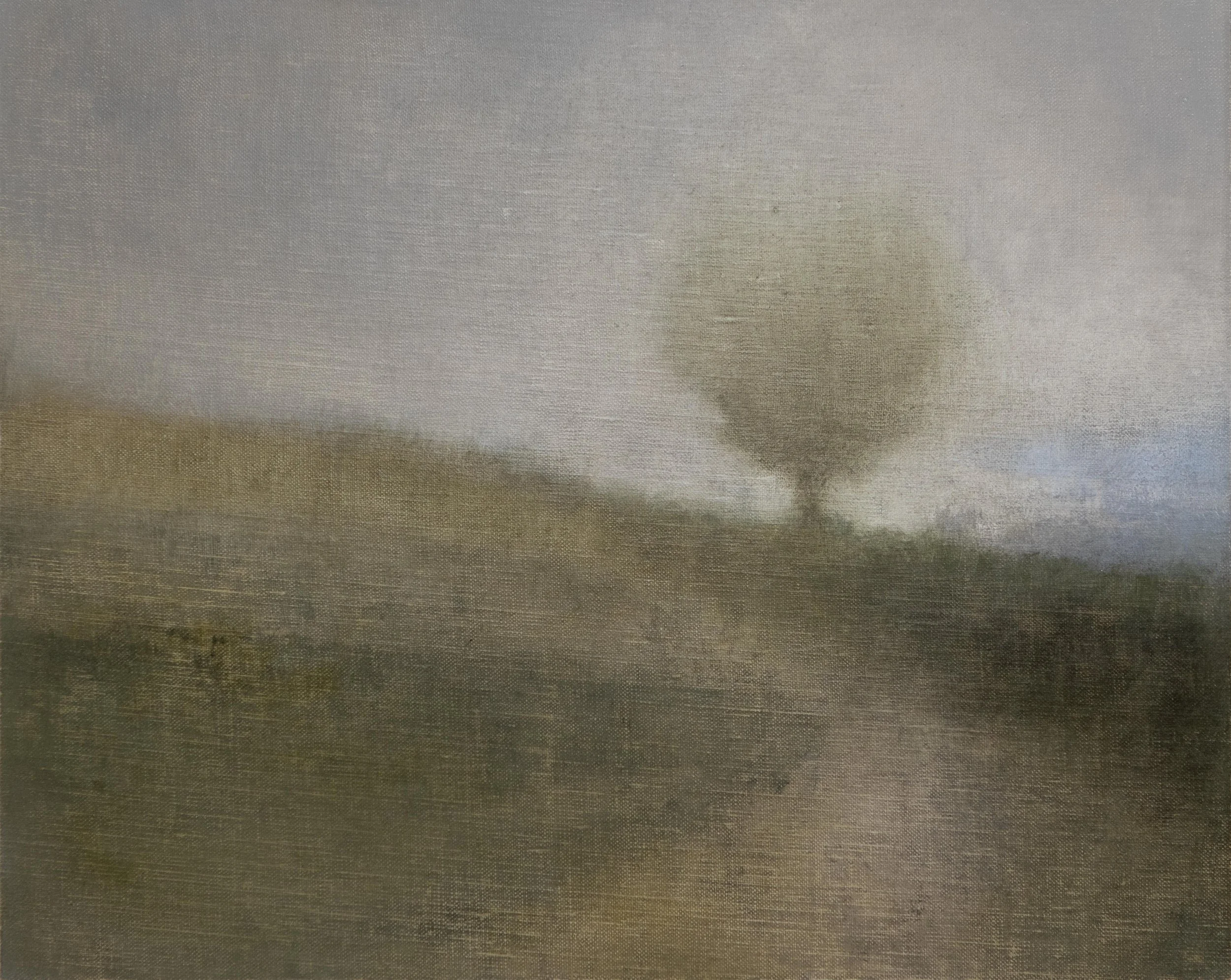 Landscape oil painting with tree on a hillside meadow.