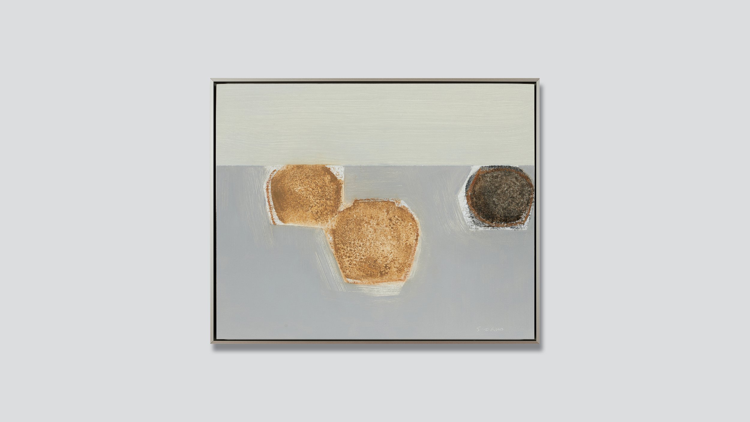 Framed painting of an abstract still life of three vessels on a table by Glenn Suokko.