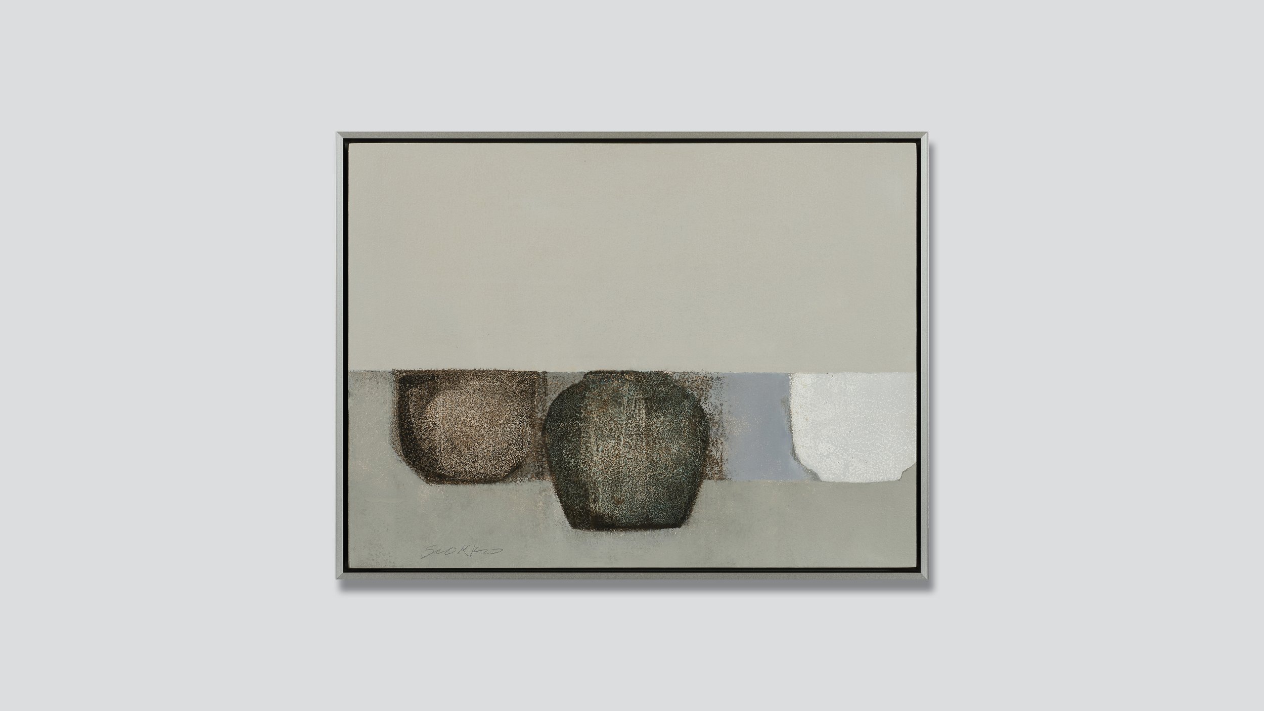 Framed painting, abstract still life of three vessels on a low horizon.