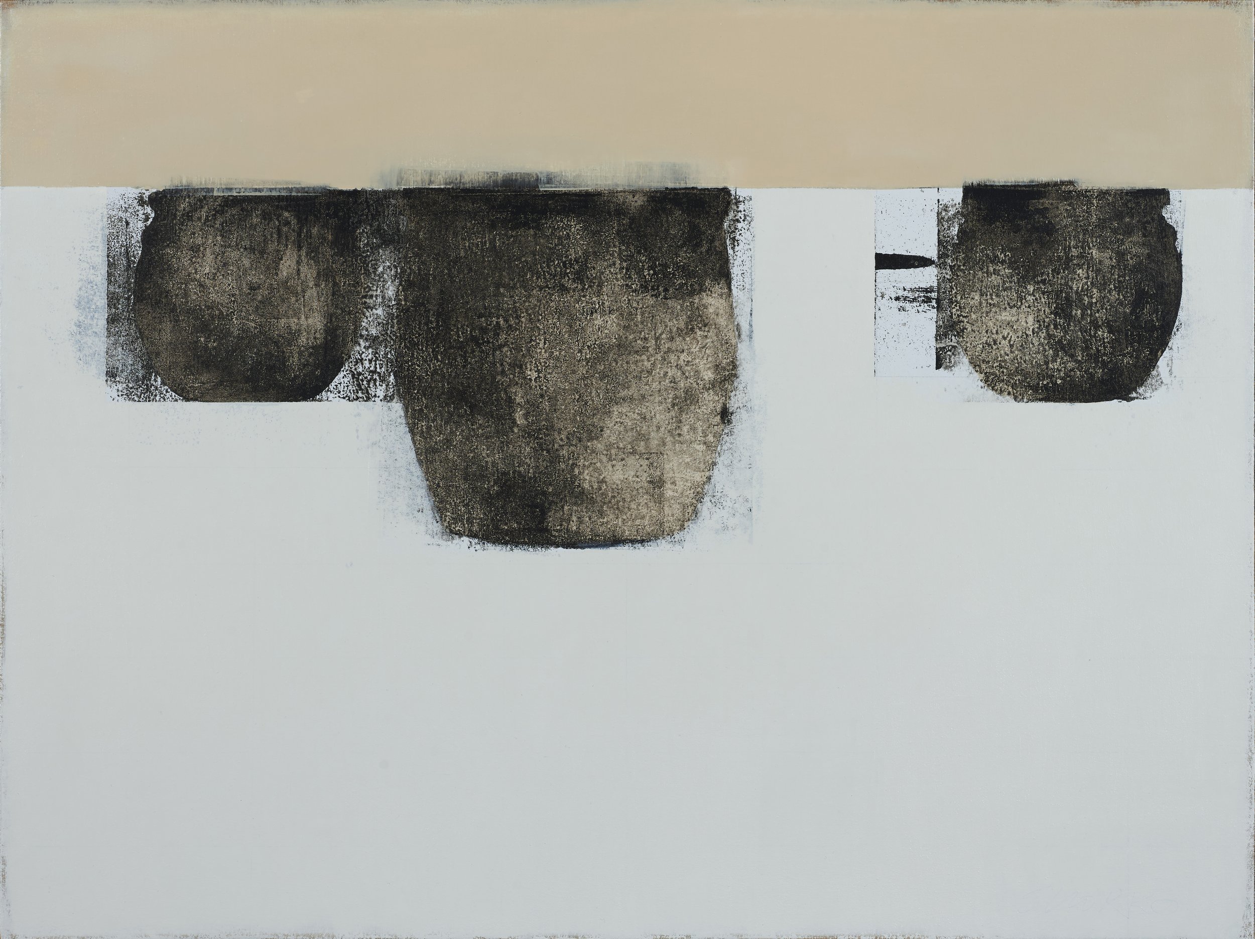 Large abstract still life with three vessels on a light background