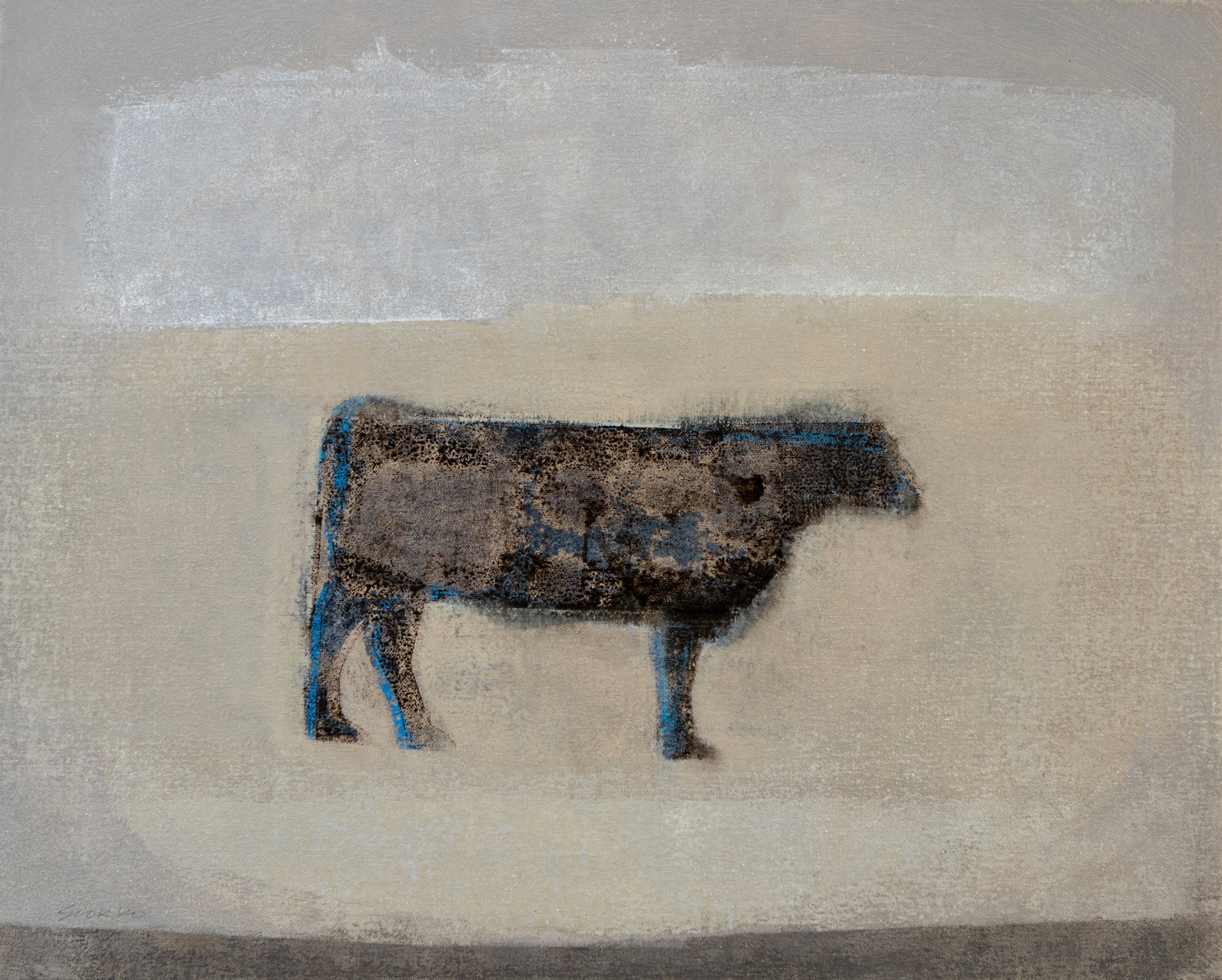 Standing cow in a simplified, suggested field, oil on canvas.
