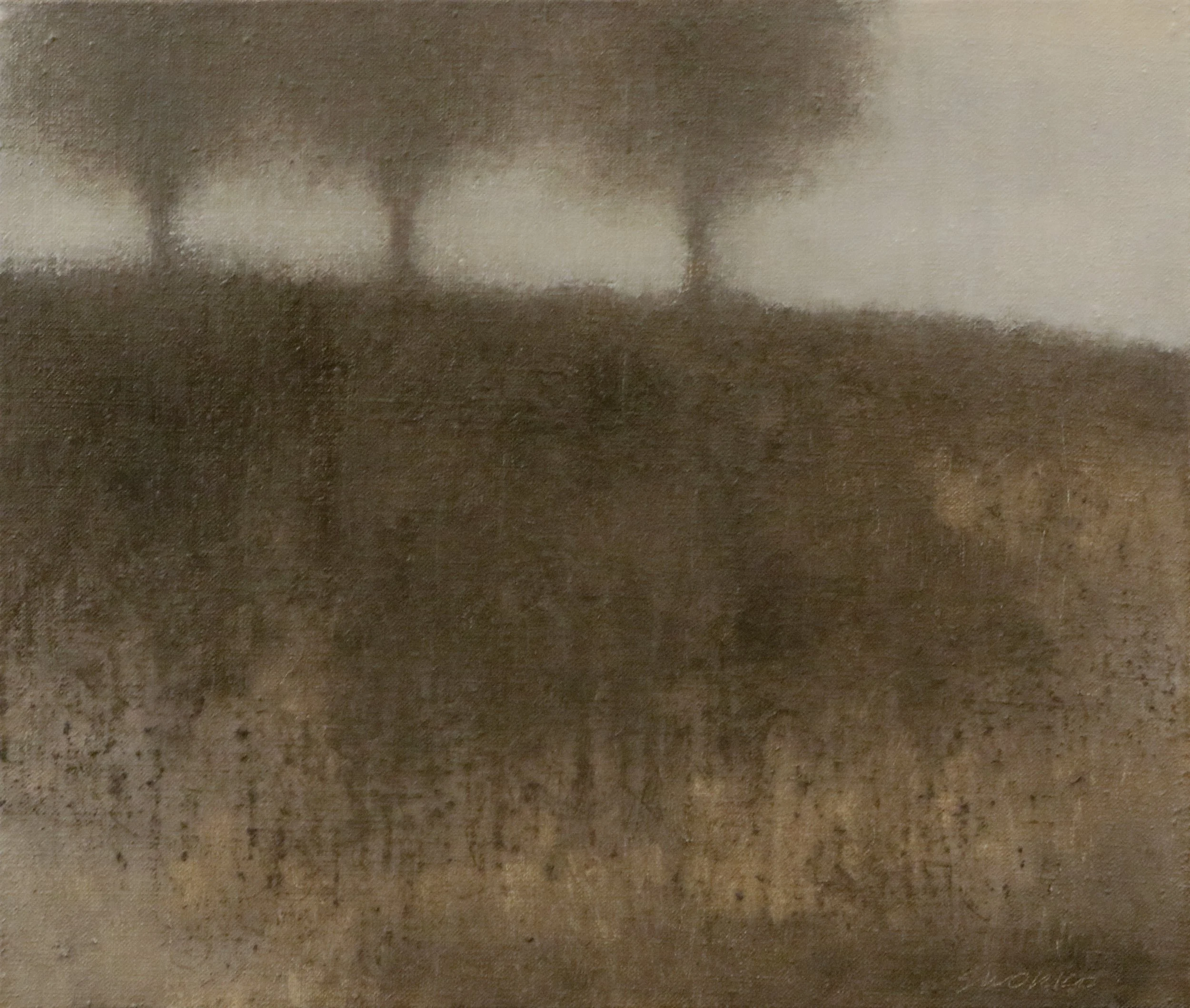 Warm gray nocturne landscape with three trees.