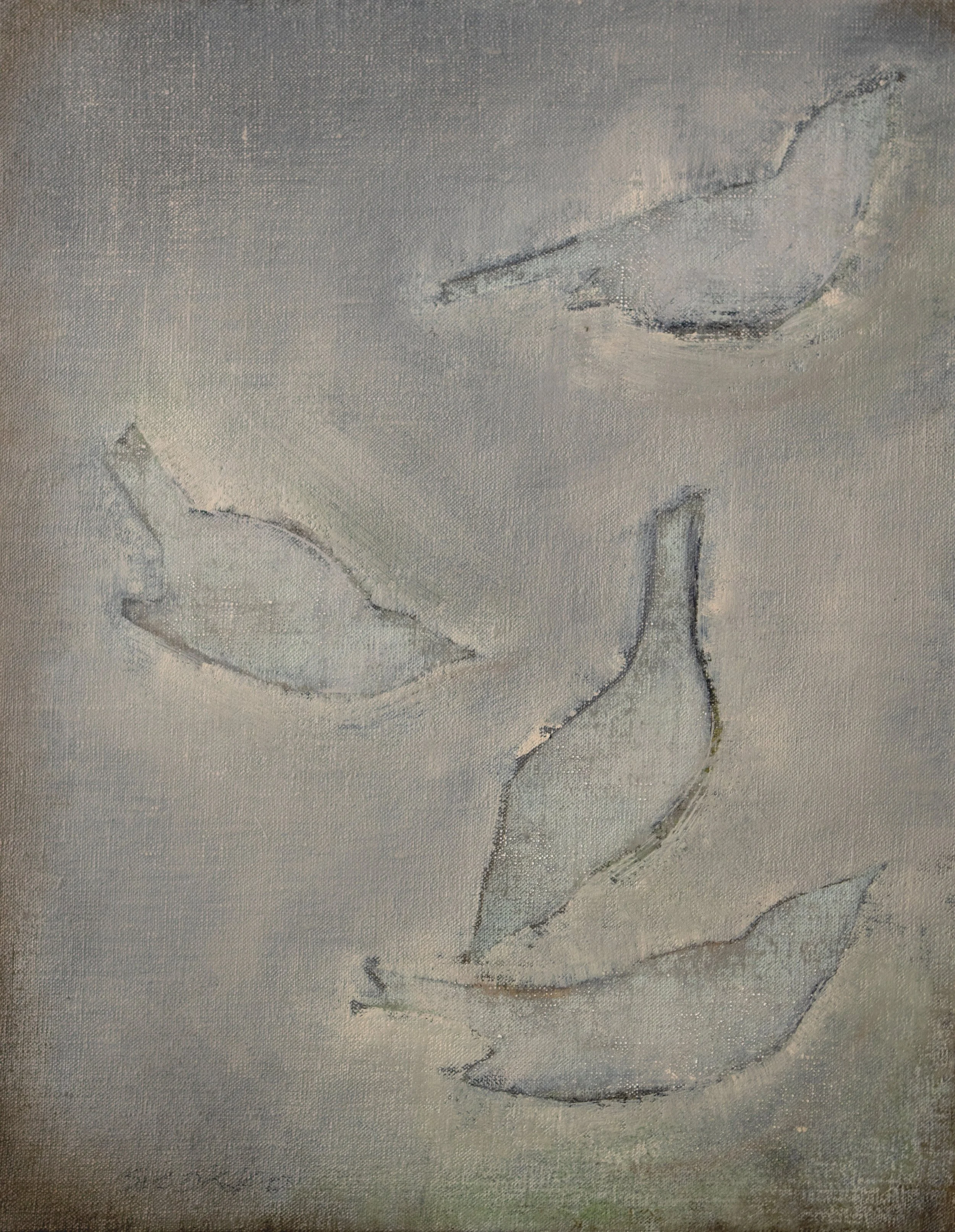 Four interacting bird forms on a neutral background, oil on linen.
