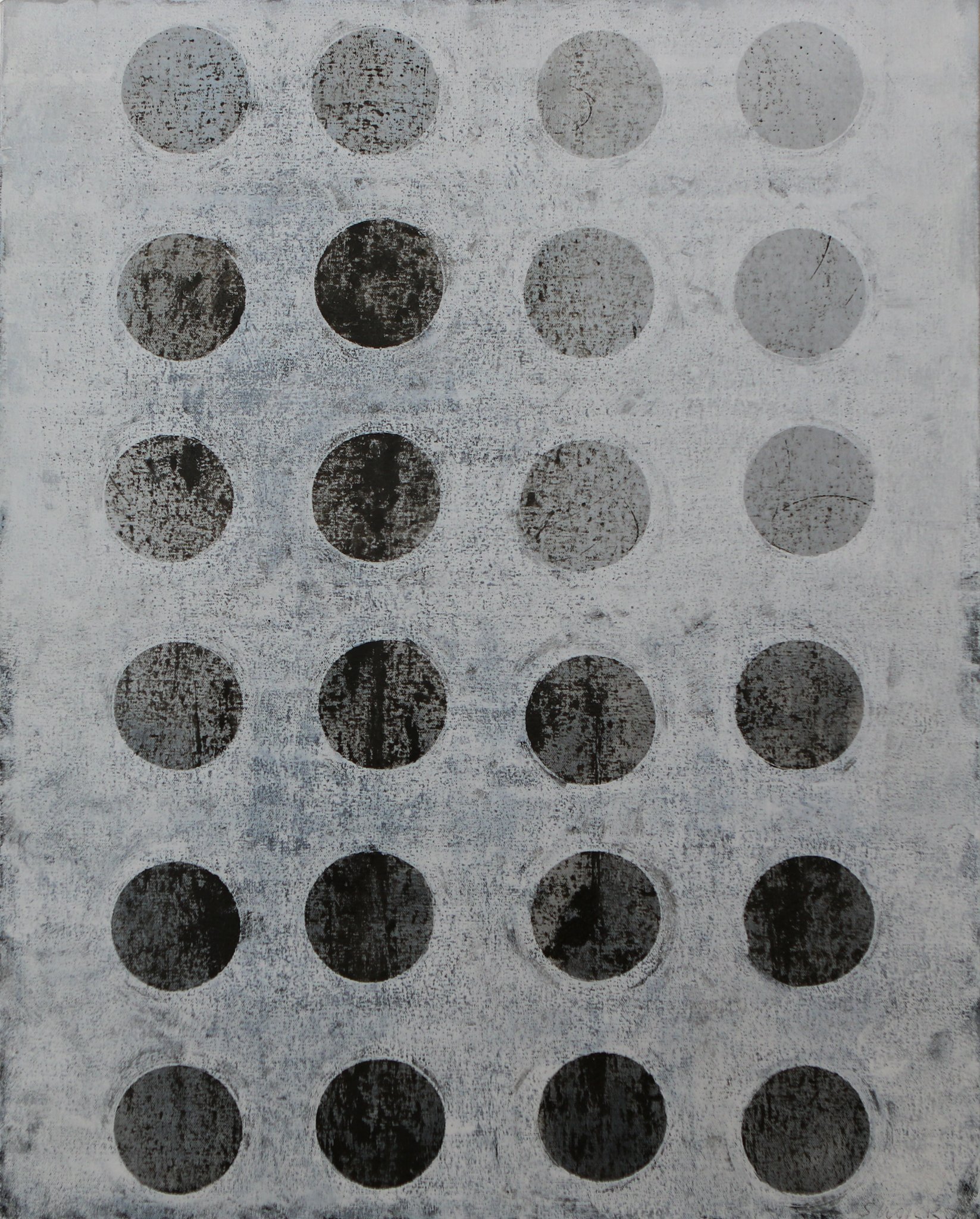 Black dots on a gray background, oil on wood.