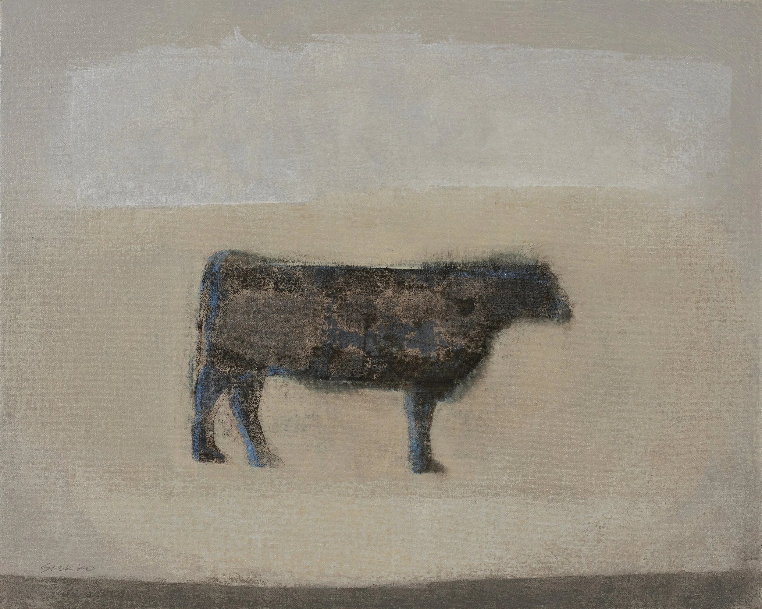 Standing cow on an abstract field, oil on canvas on wood panel.