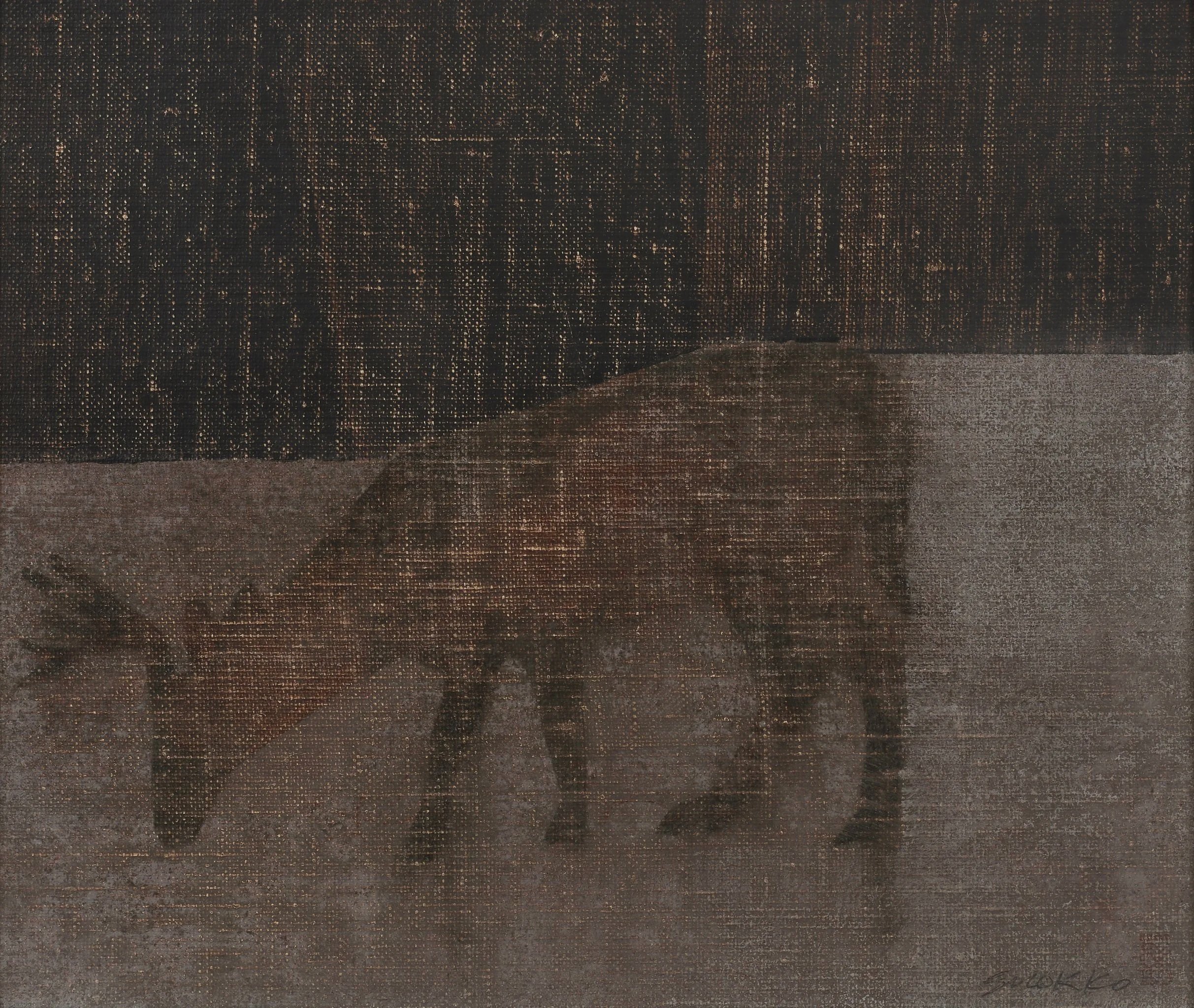 Grazing deer at twilight, oil on linen.