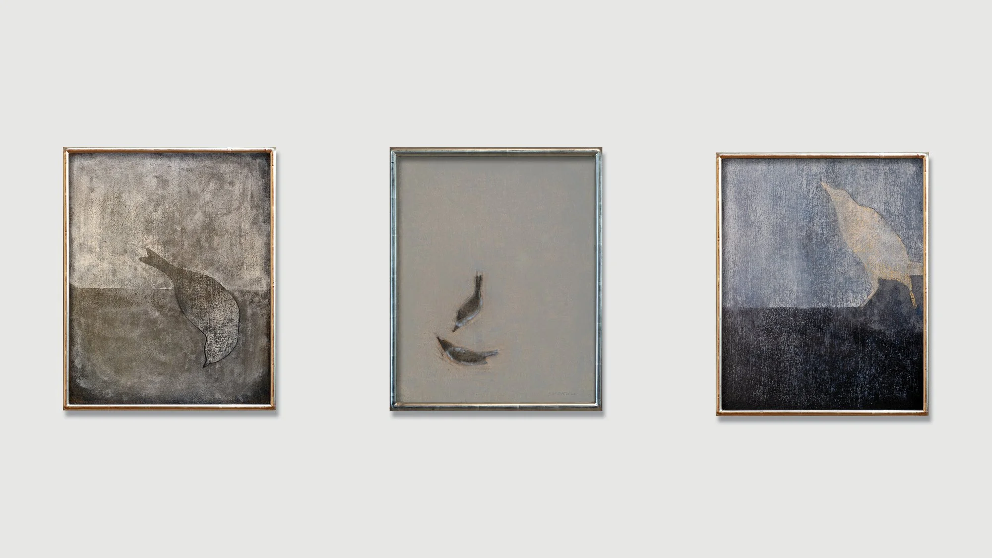Glenn Suokko Gallery, installation view of three paintings of birds.