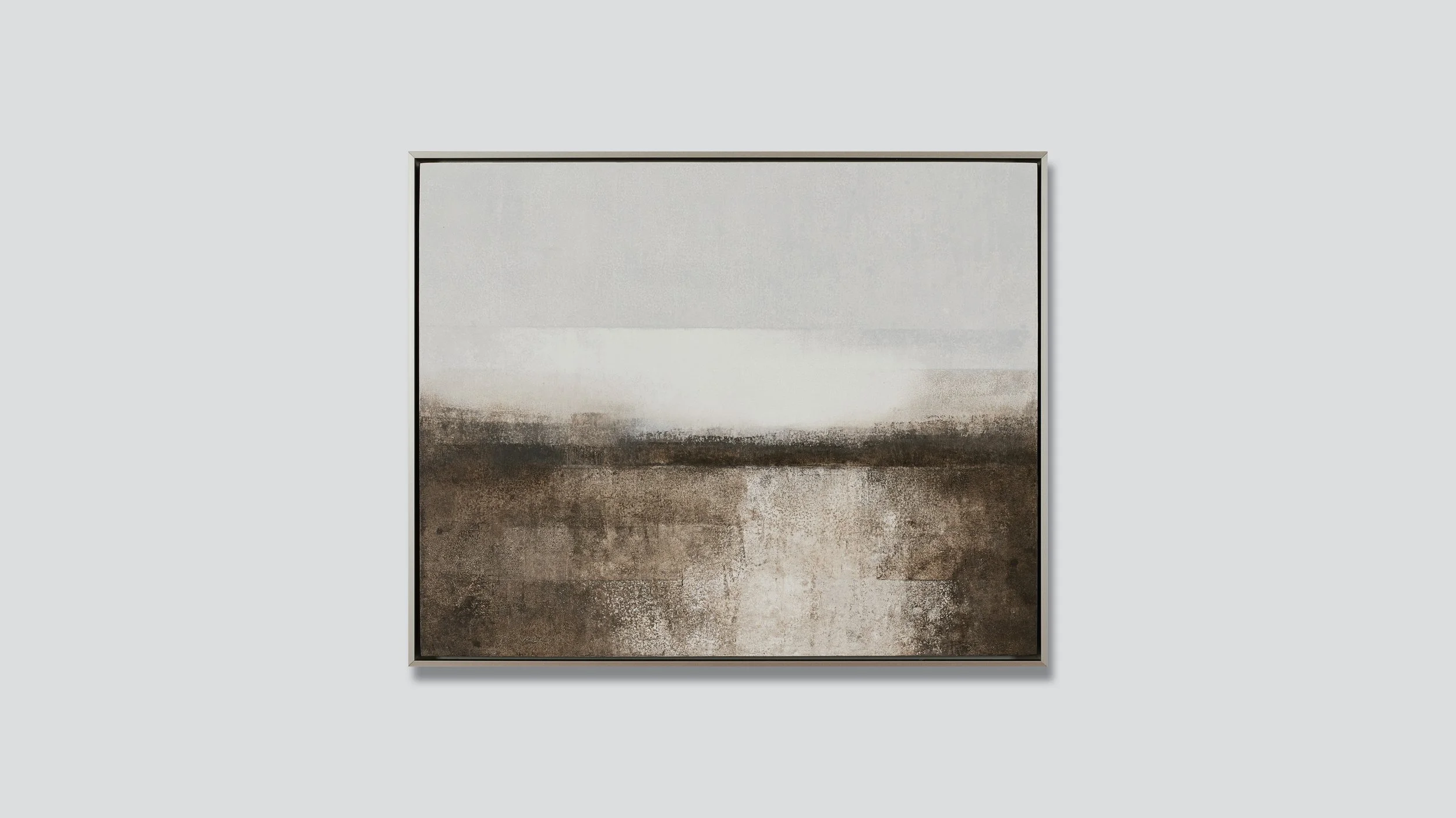Framed landscape in gray and raw umber, oil on wood.