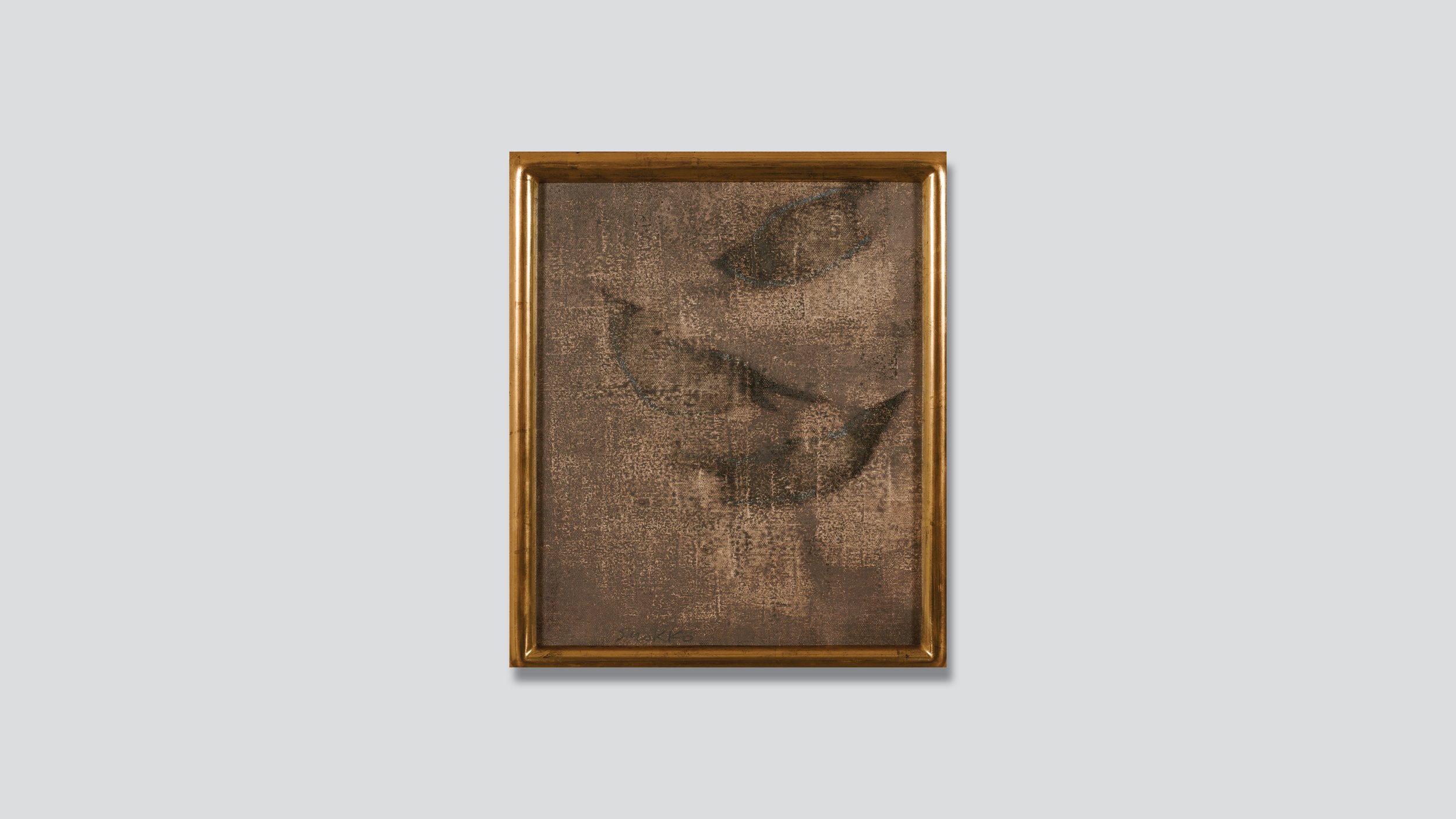 Framed abstract representation of three birds dissolving in space.