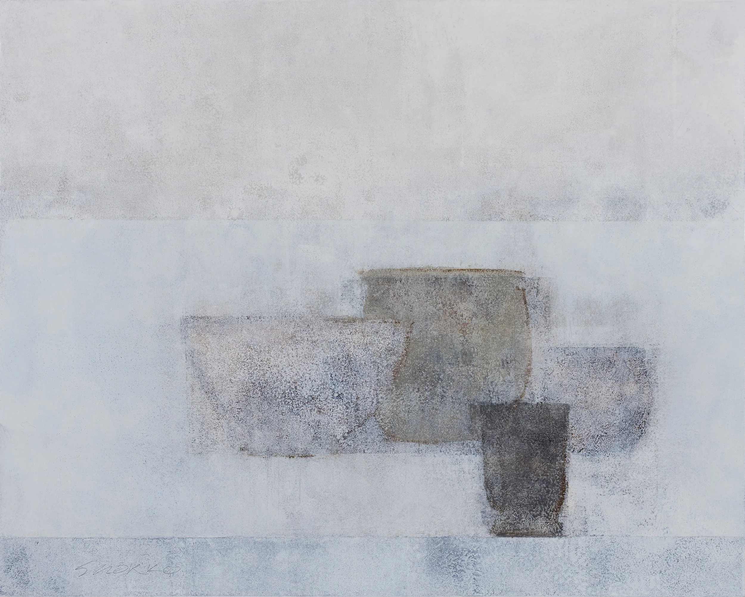 Still life with four vessels in grays, oil on wood, Glenn Suokko.