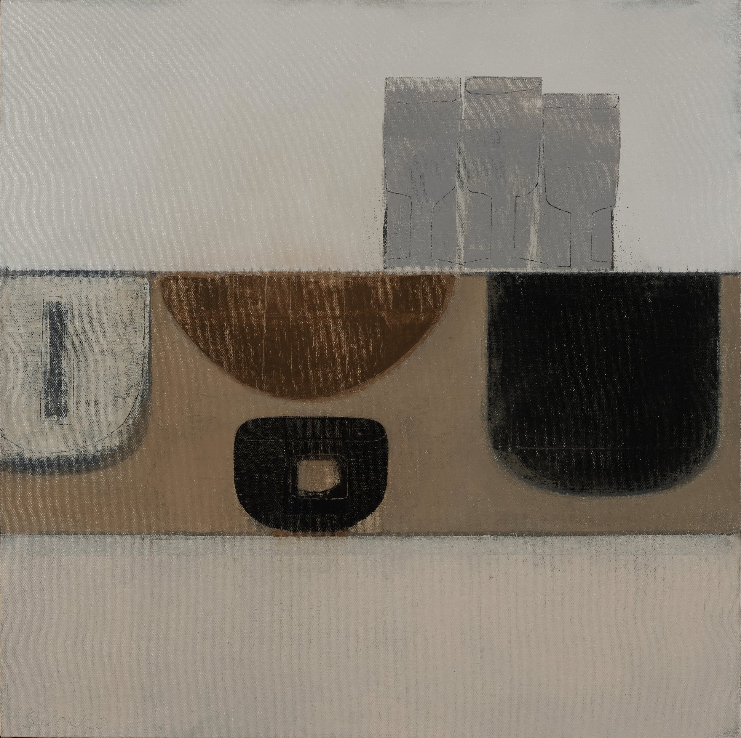 Abstract still life with vessels and wine glasses.
