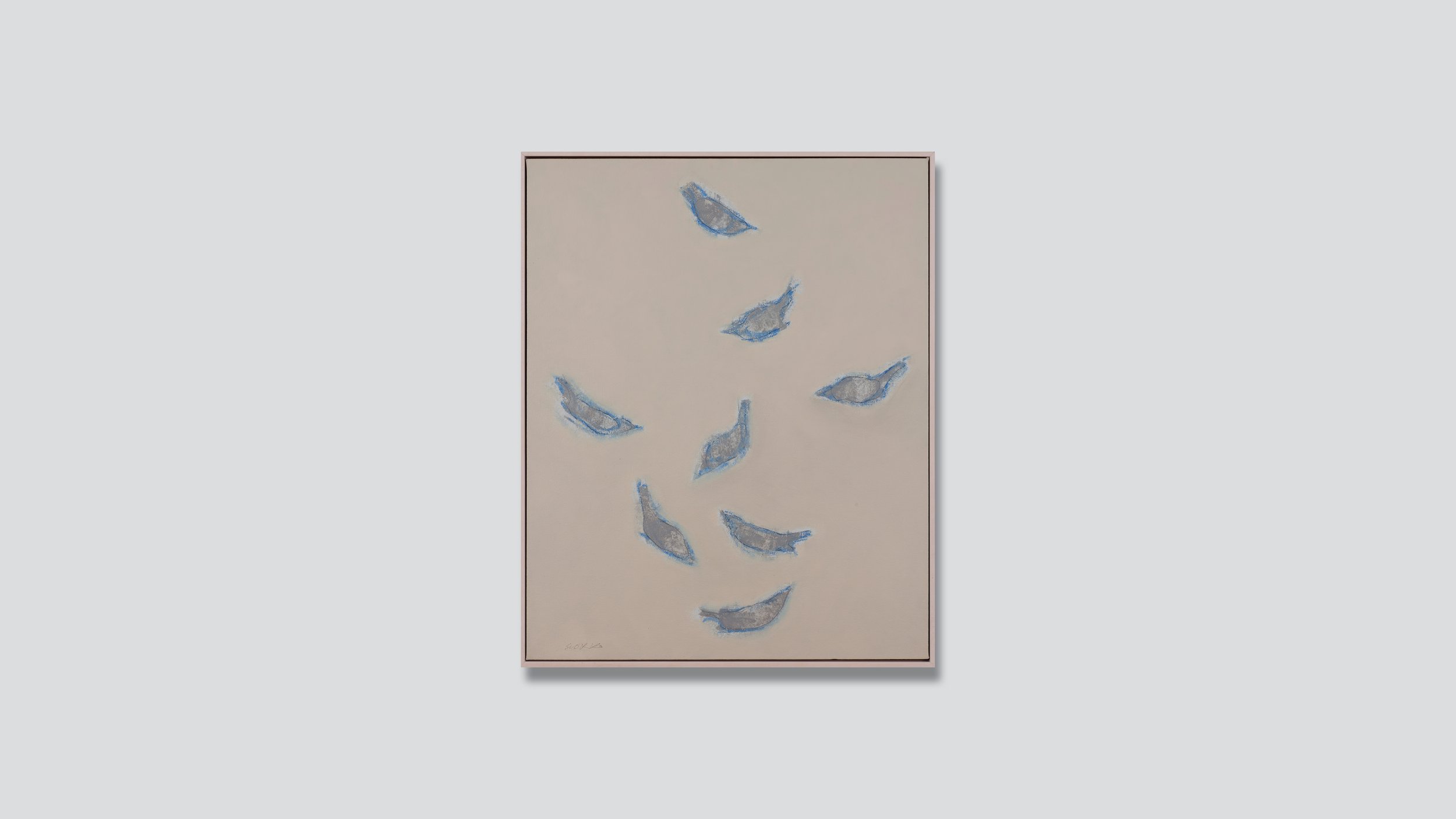 Framed painting of eight blue birds rising in flight, oil on canvas.