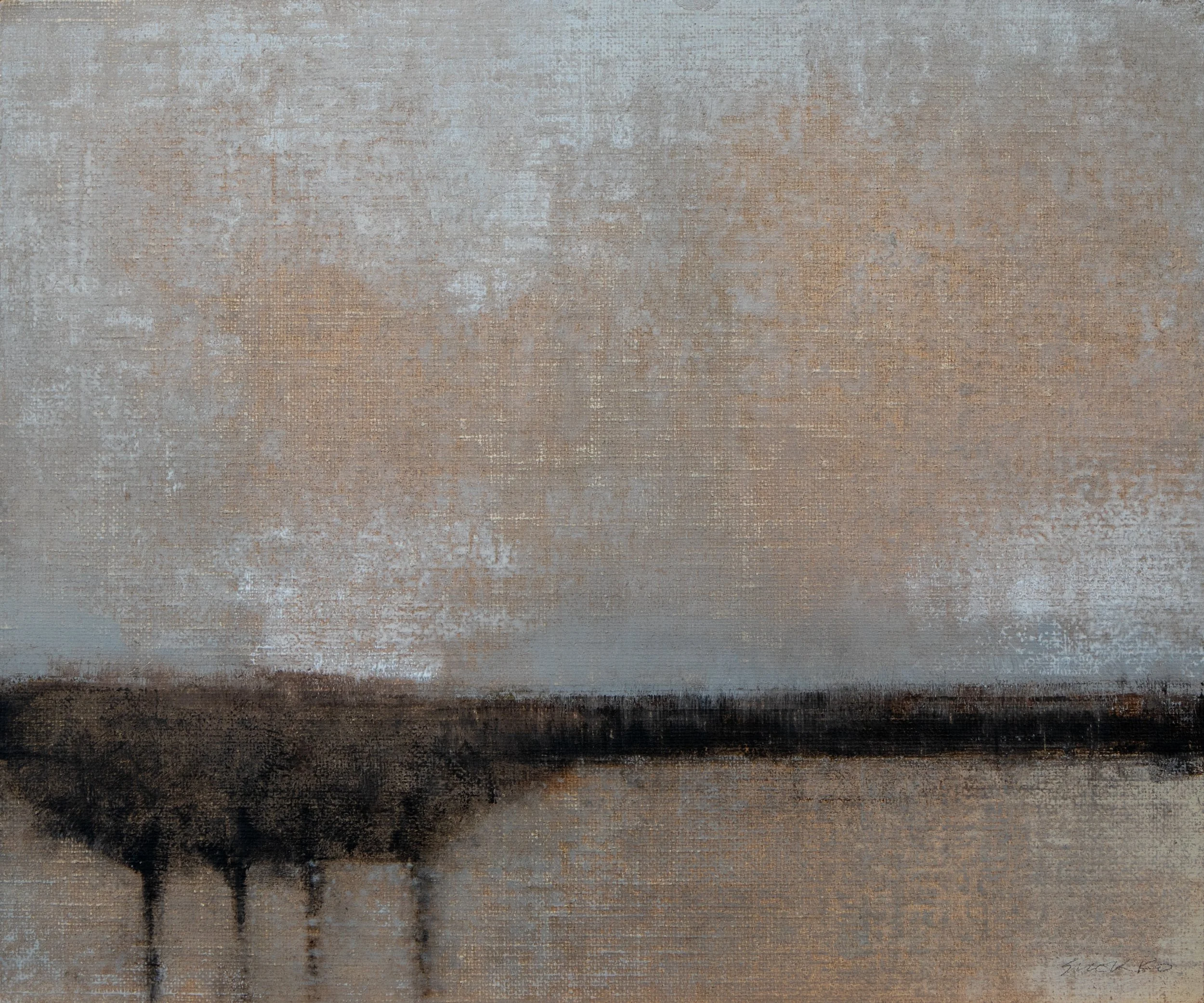 Landscape with low horizon and four trees, oil on linen.