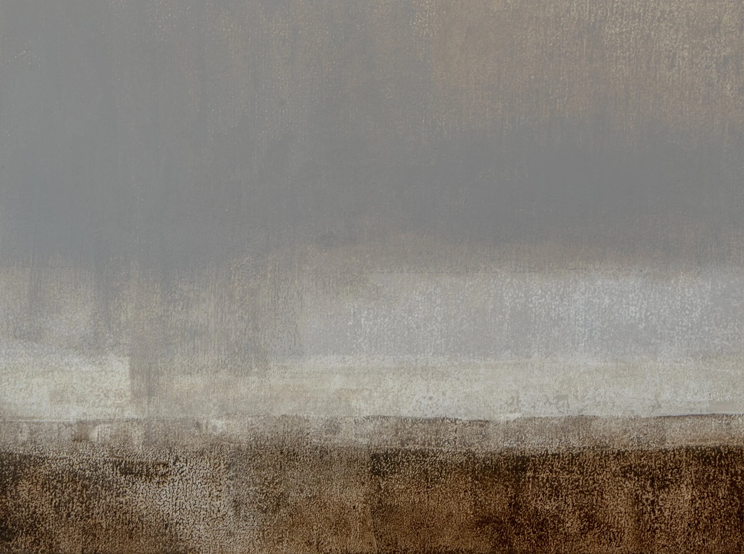 Landscape in muted colors with rainstorm, oil on wood.