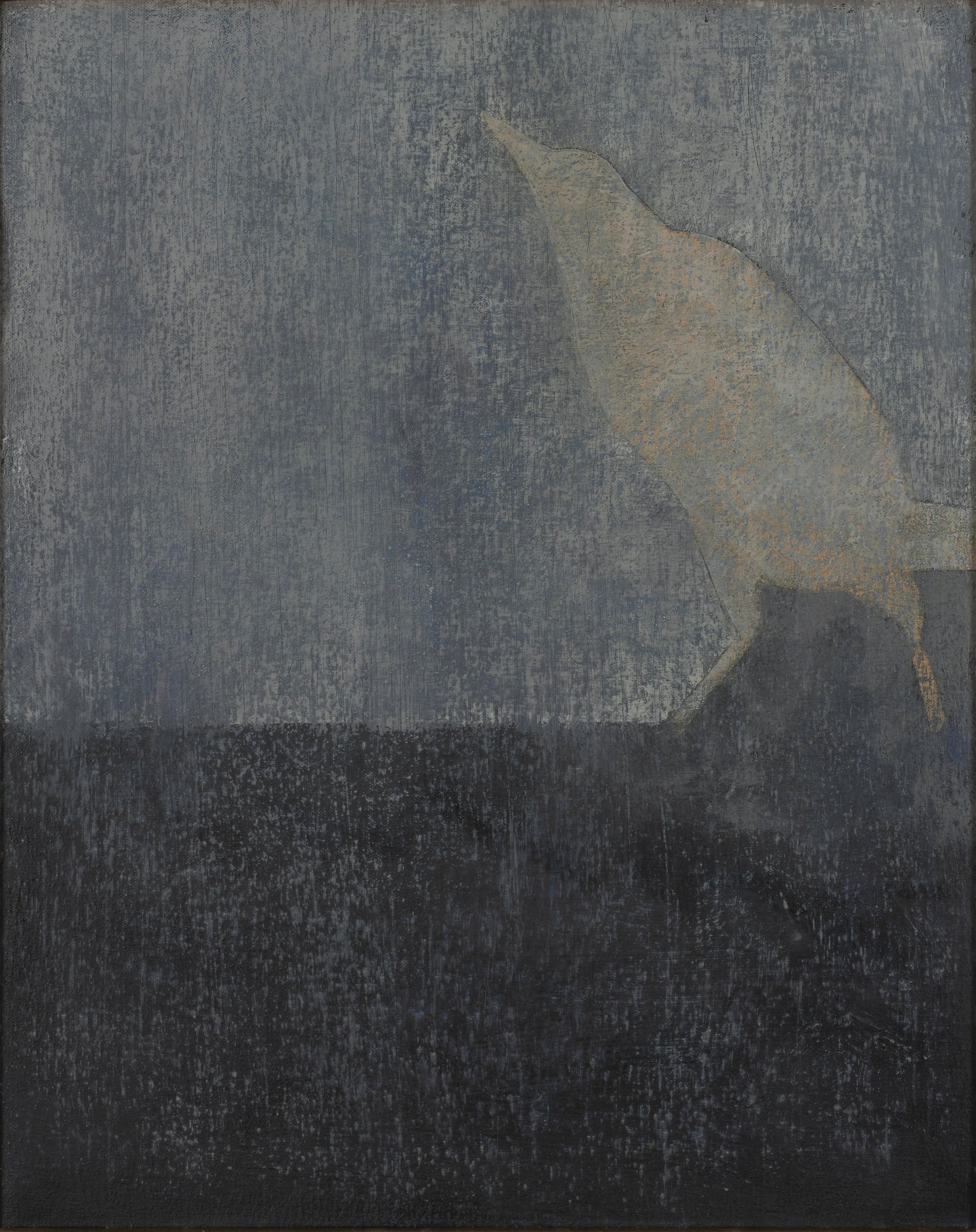 Contemporary oil painting of a bird on a blue and gray background, oil on canvas.