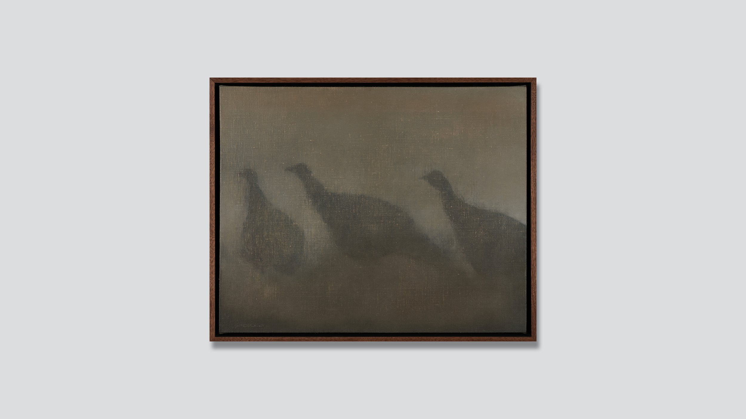 Framed painting of three turkeys, oil on linen.