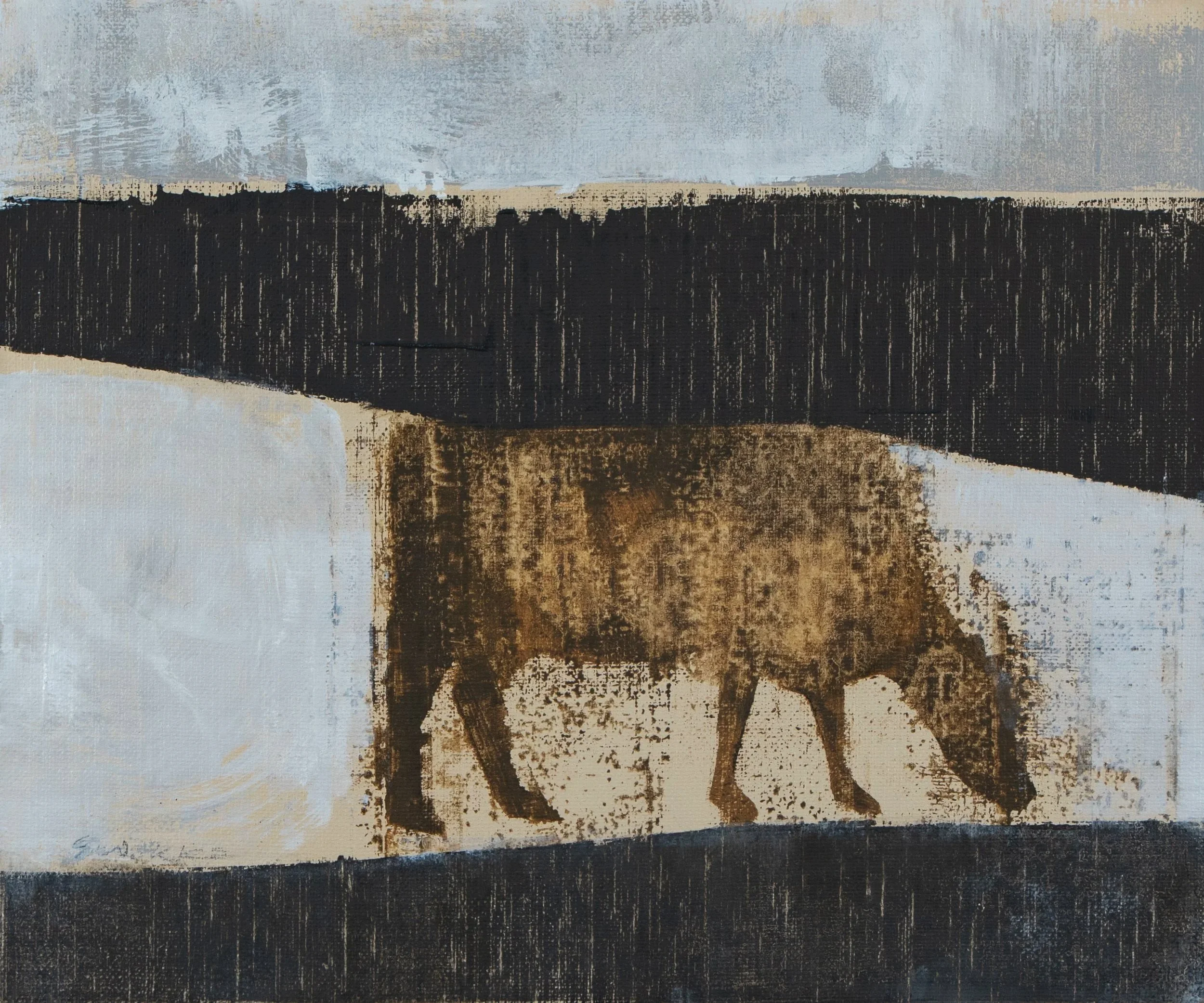 Abstract painting featuring a grazing cow in shades of brown, black, and beige against a layered background of textured tones.