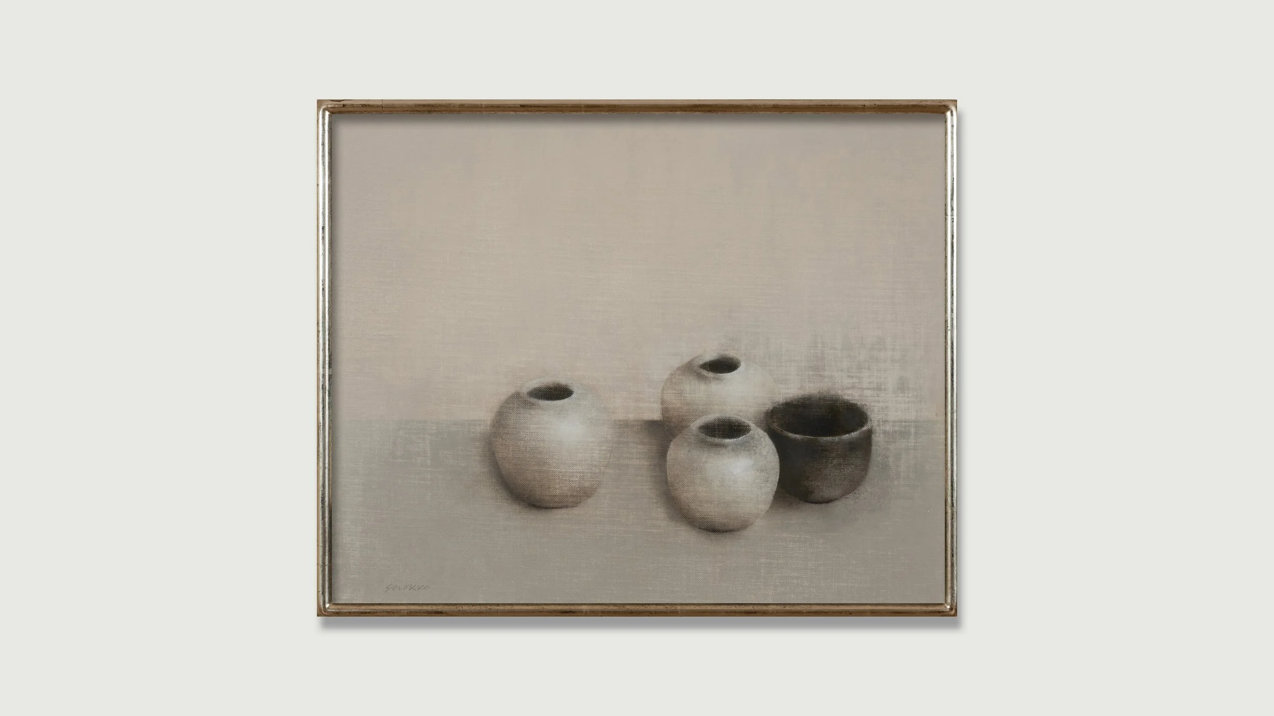 Framed oil painting, still life with three Qing dynasty ginger jars and black cup, in gray tones, Glenn Suokko.