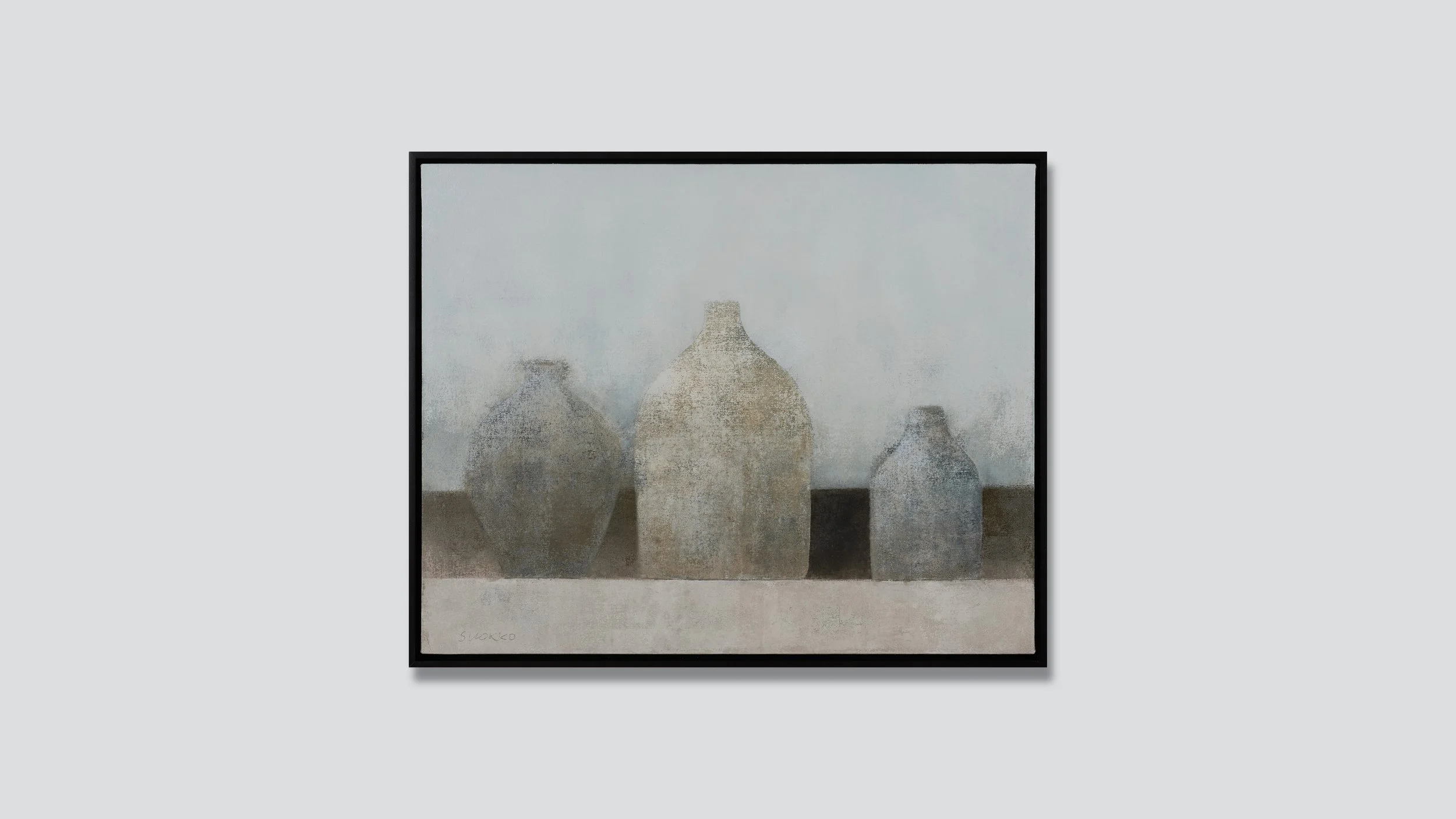 Framed still life with three vessels, oil on canvas by Glenn Suokko.