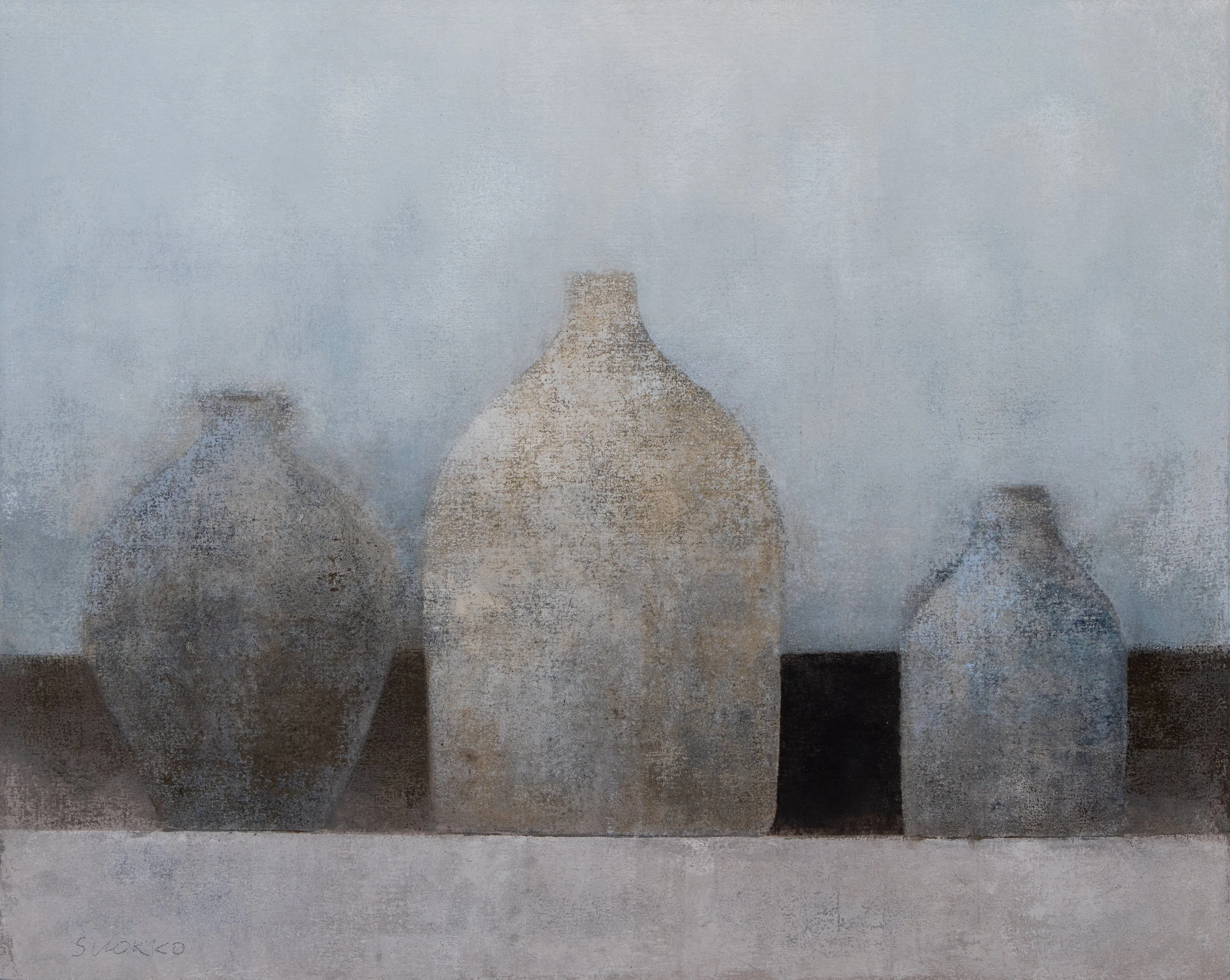 Still life with three vessels, oil on canvas by Glenn Suokko.