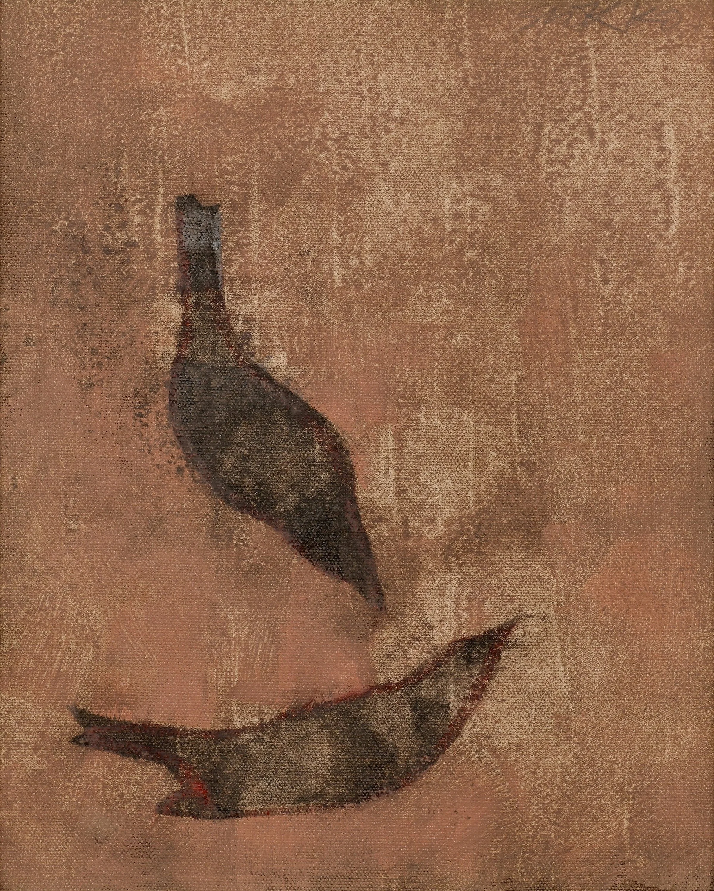 Two birds on a pink and beige background.