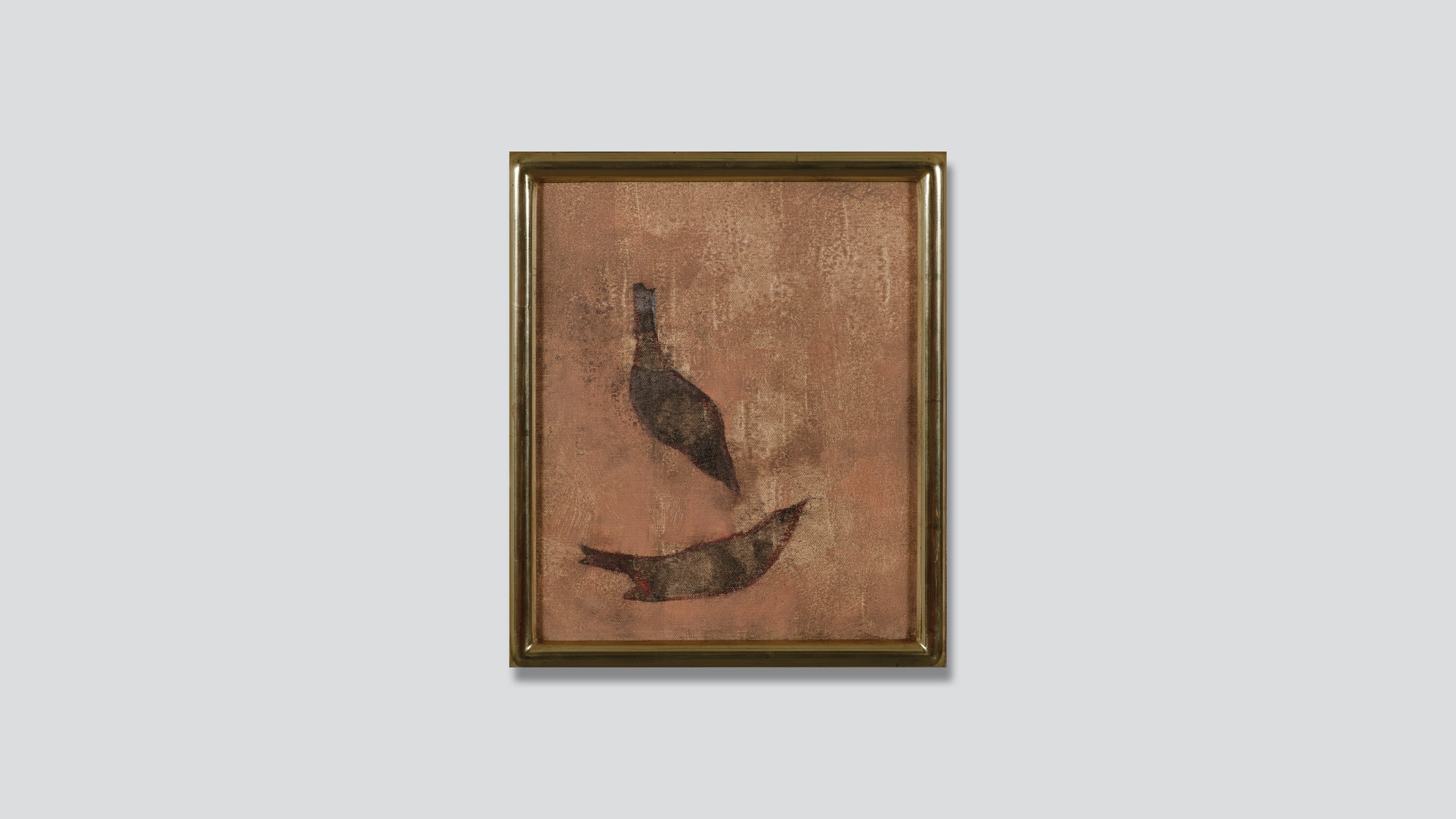 Framed painting of two birds floating in space on a coral and beige background, oil on linen.