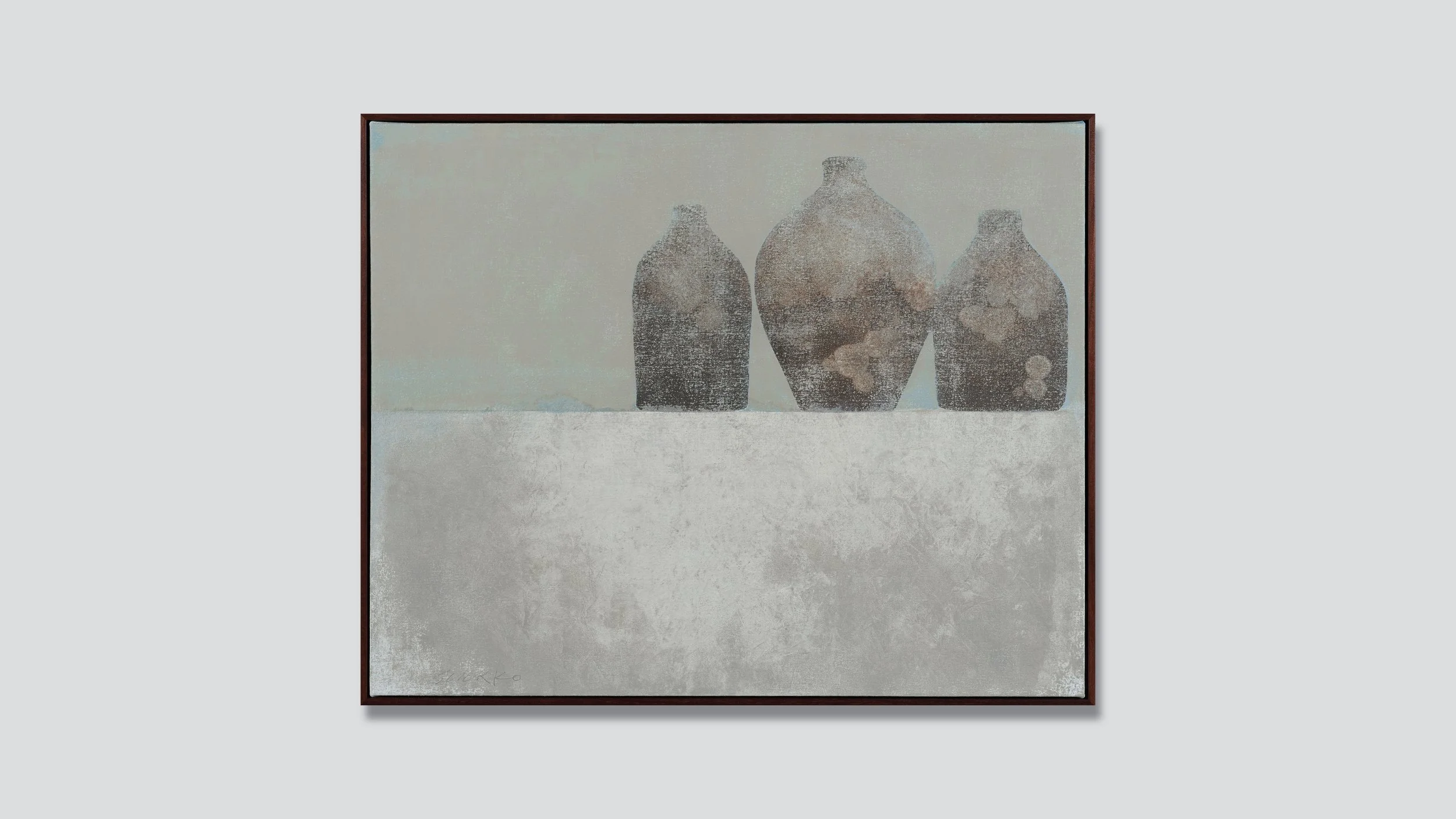 Framed painting, still life with thee old jugs, oil on canvas.